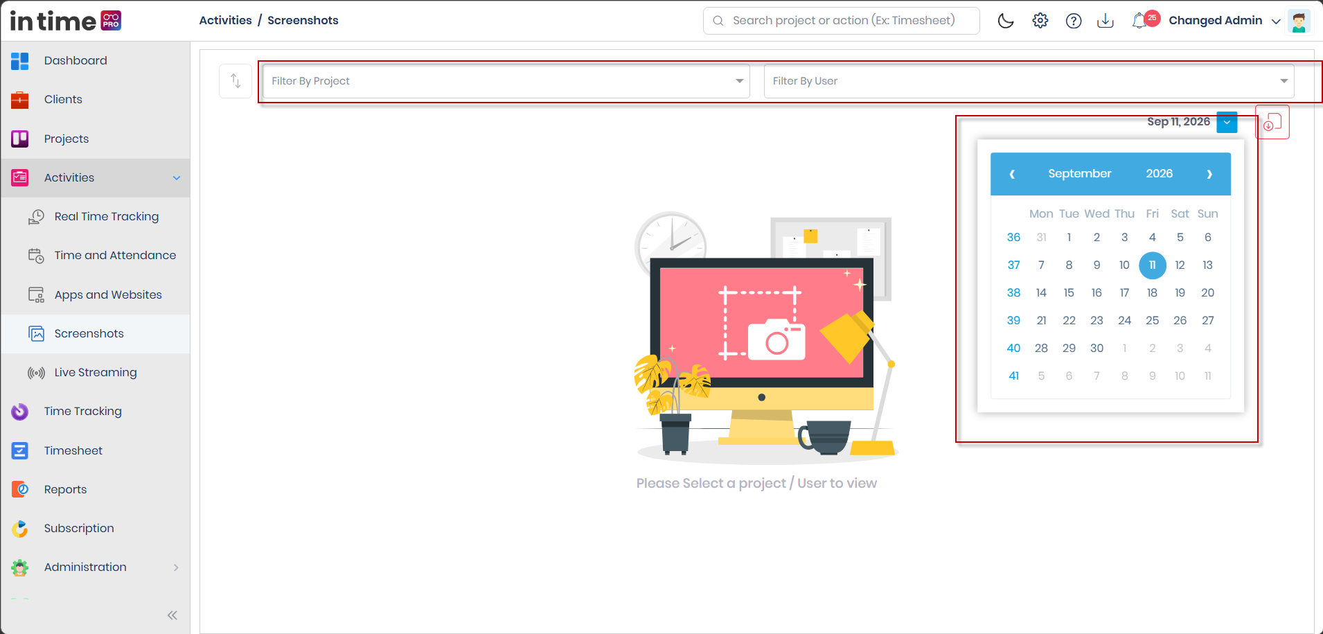Filter By Project, Filter By User, sort, and date controls on the Screenshots page