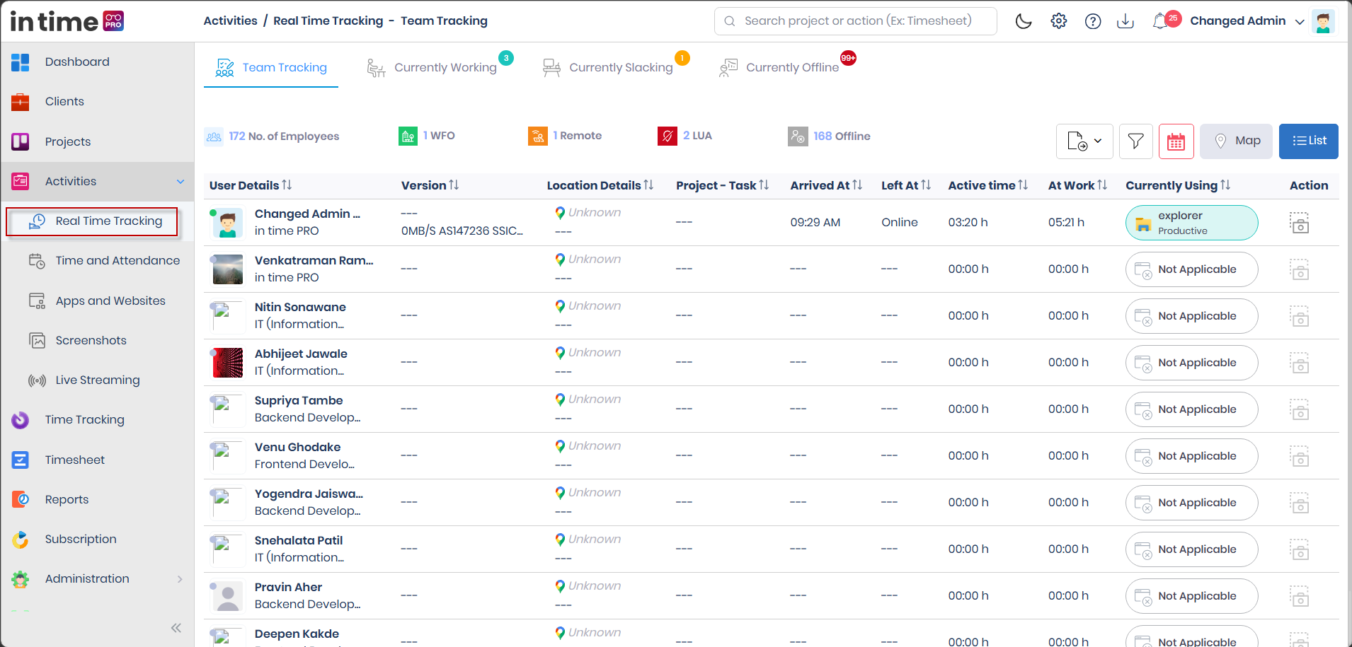 Real Time Tracking selected in the Activities menu, opening the Team Tracking tab