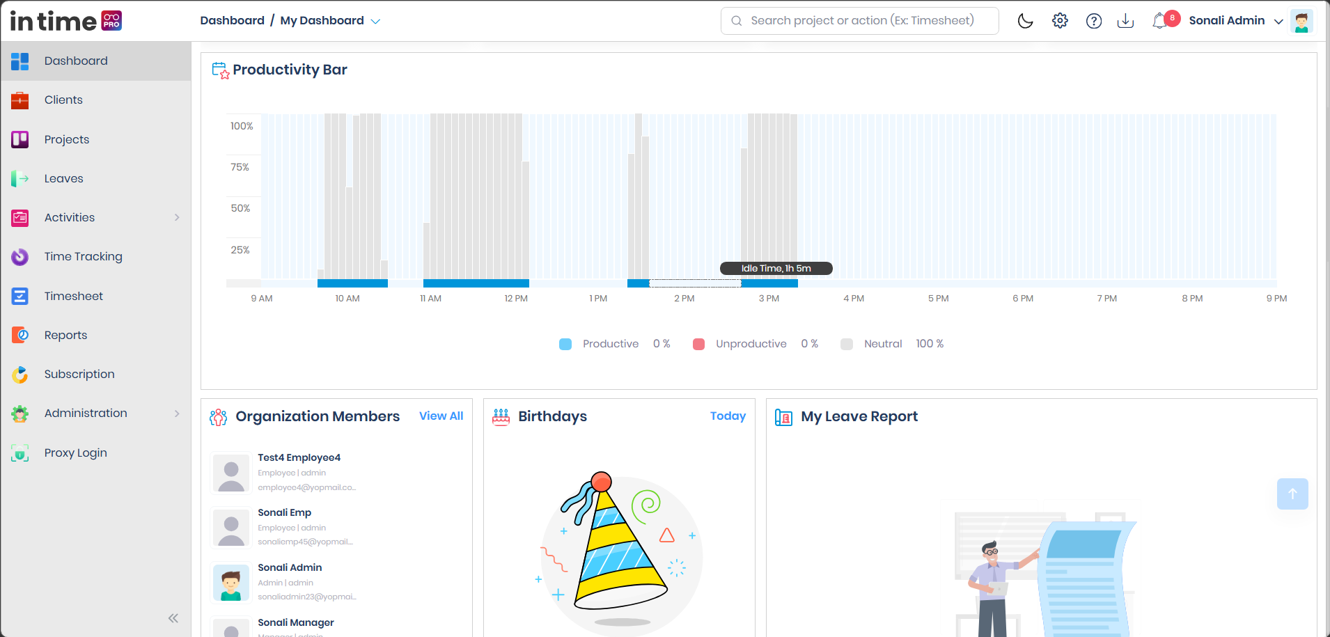 Admin My Dashboard showing the Productivity Bar, Organization Members, Birthdays, and My Leave Report