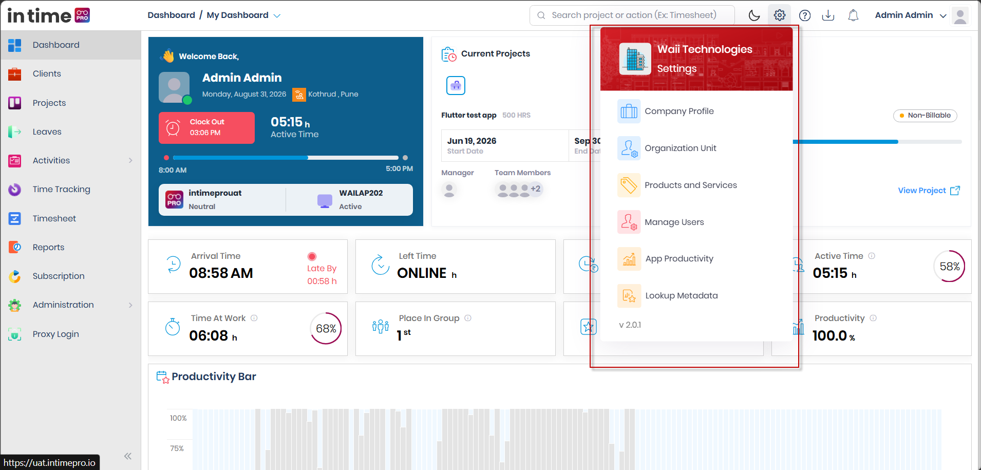 Admin Settings view with company setup and configuration options