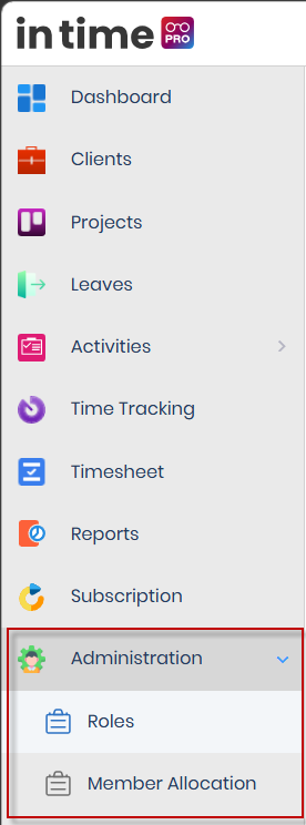 Administration menu expanded in the left sidebar, showing Roles and Member Allocation