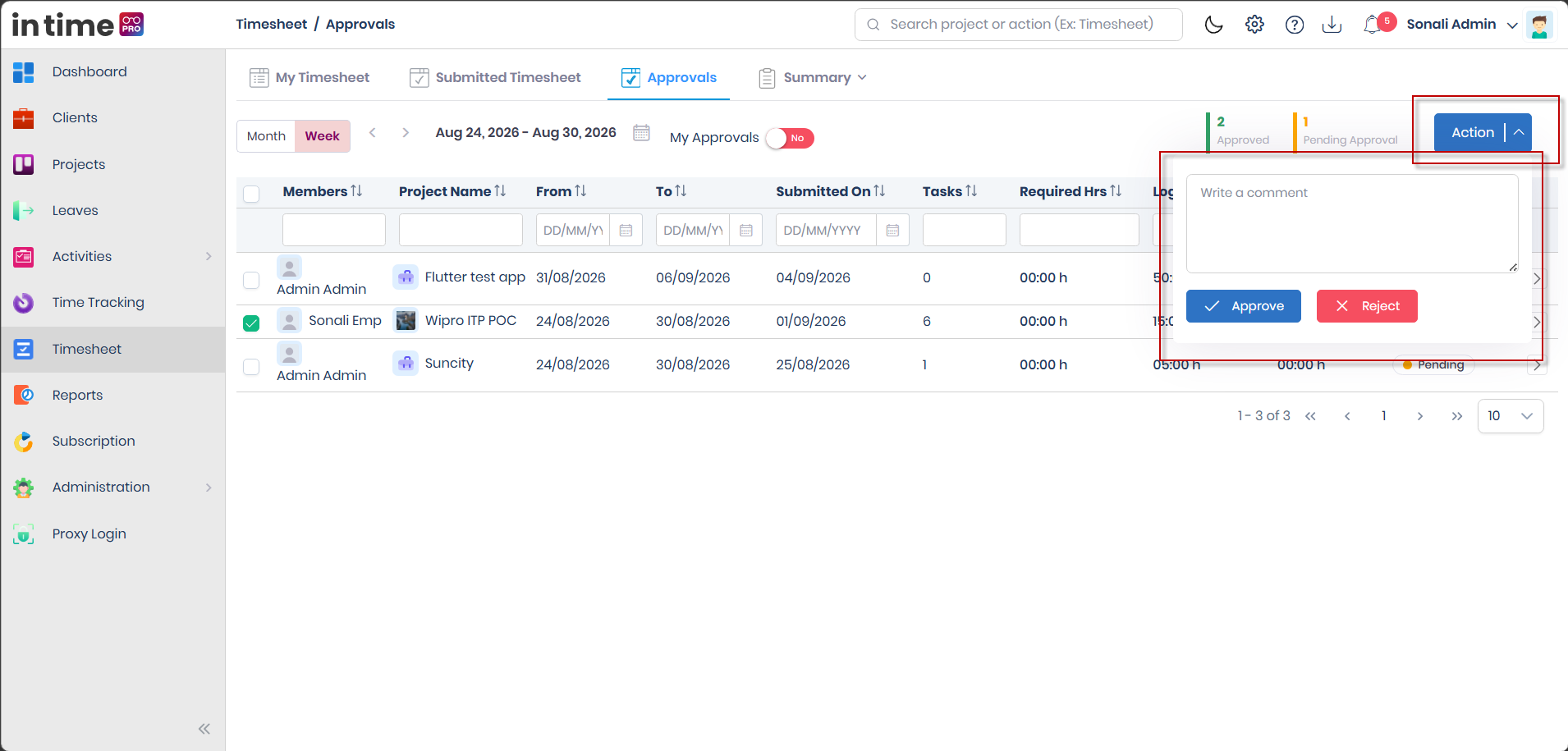 Approve/Reject action panel with a comment field and Approve/Reject buttons