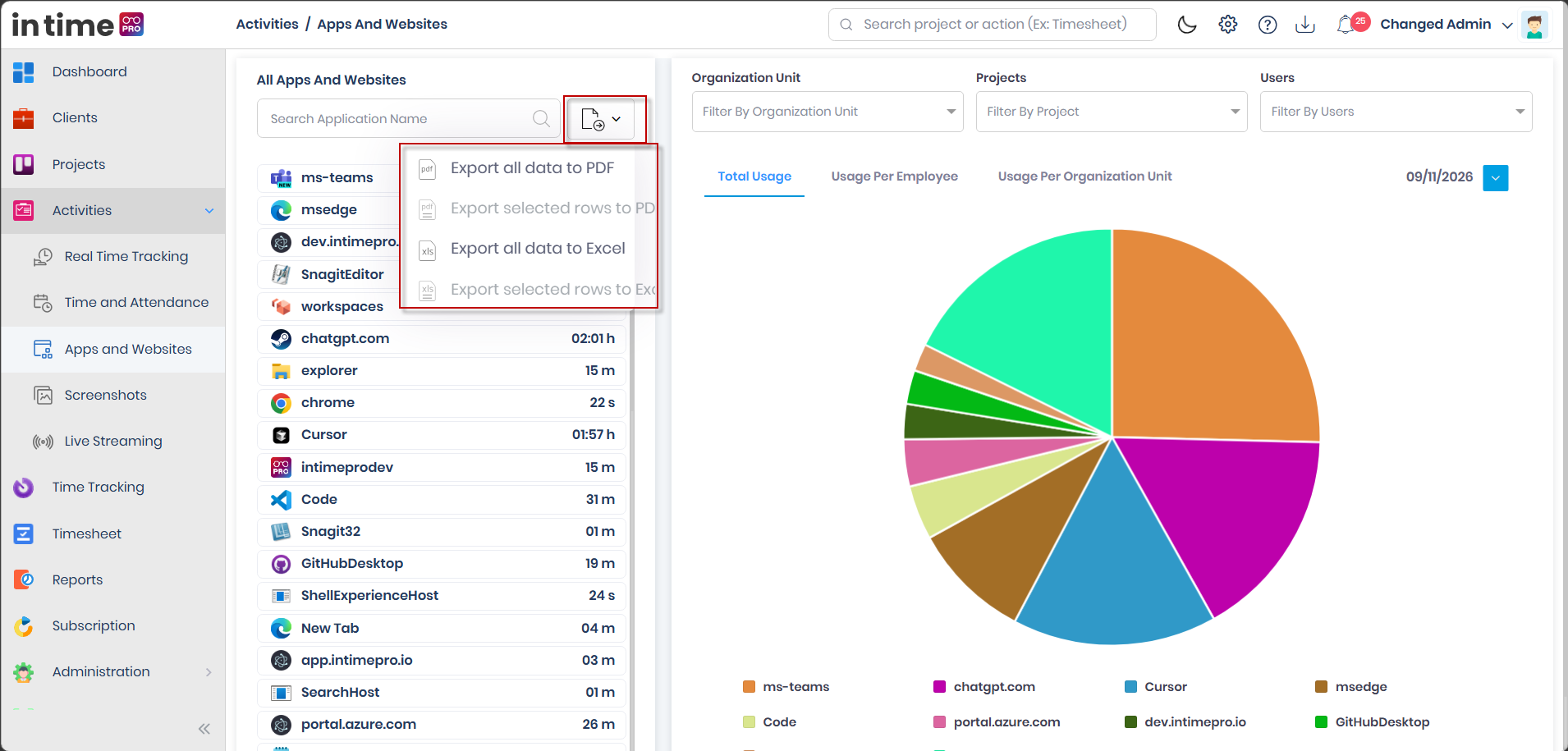 Export menu on Apps and Websites, showing Export all data to PDF, Export selected rows to PDF, Export all data to Excel, and Export selected rows to Excel