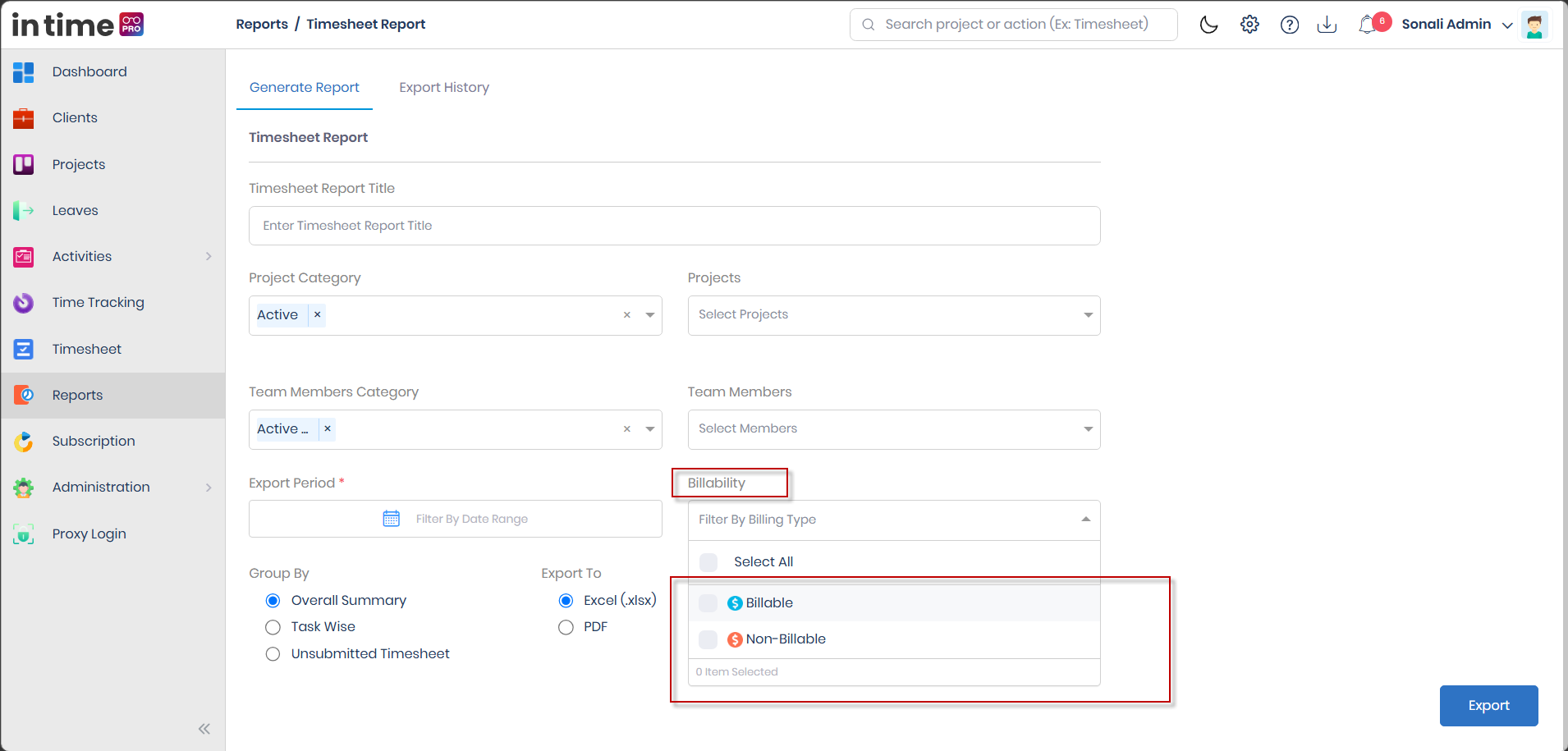 Billability dropdown open, showing Billable and Non-Billable options