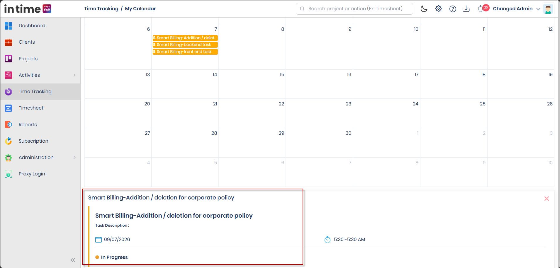 Selected task block on the calendar with its details panel showing description, date, time, and status