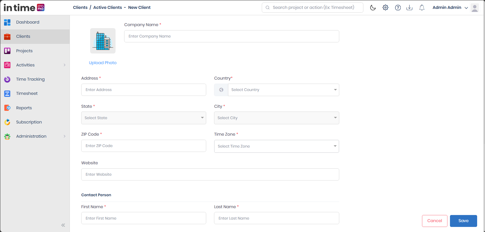 Create New Client form showing the company details fields