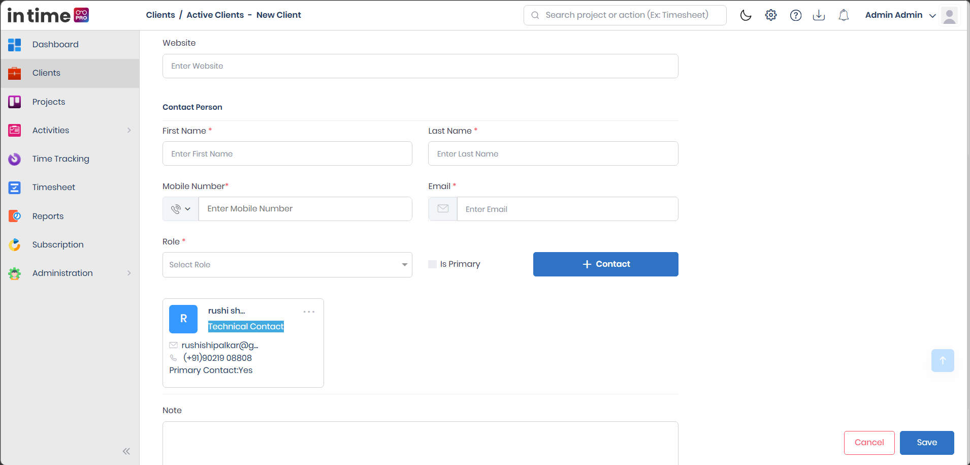 Create New Client form showing the contact person fields