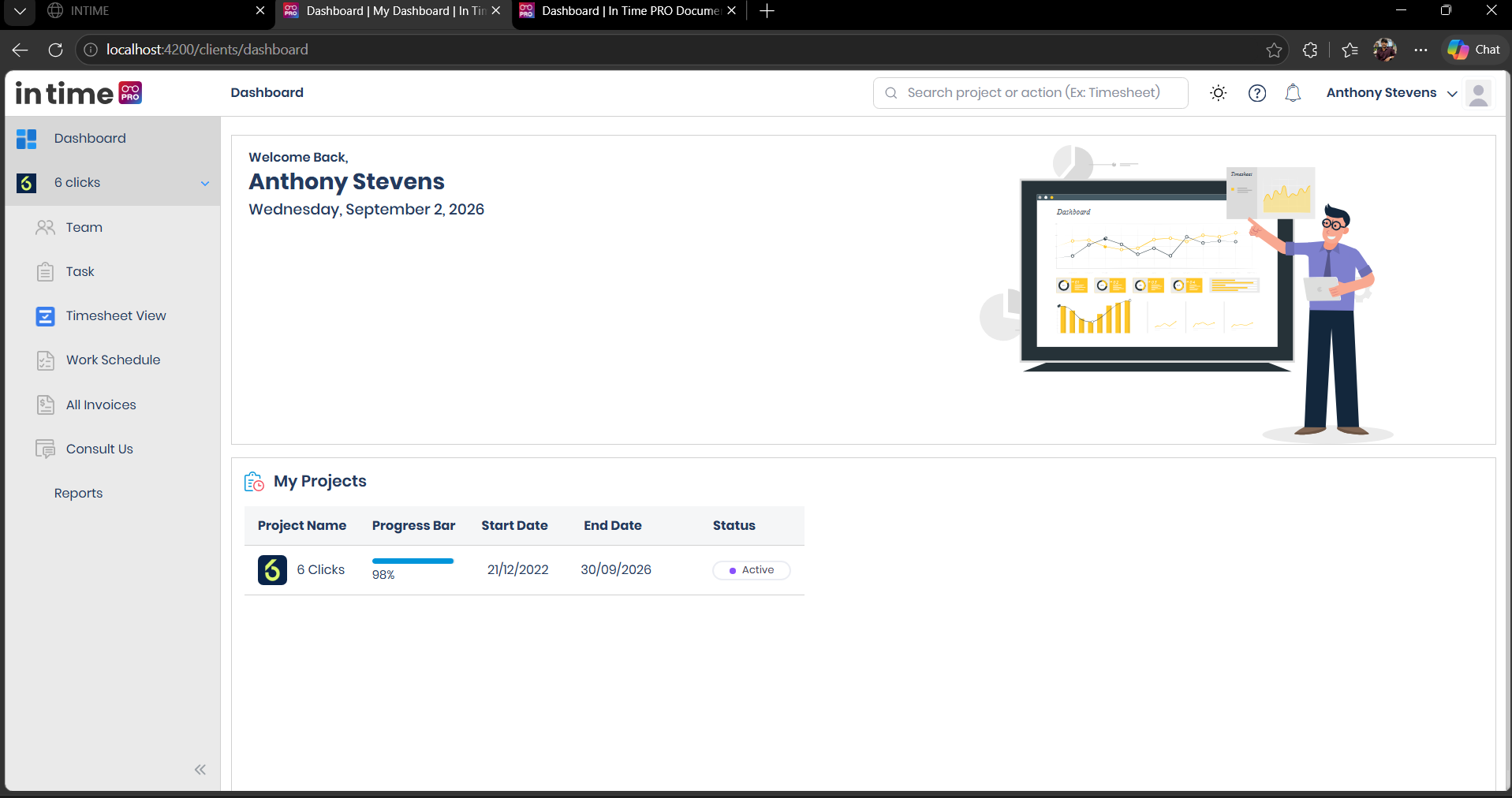 Client Portal Dashboard showing the Welcome Back message, client-specific navigation, and My Projects table