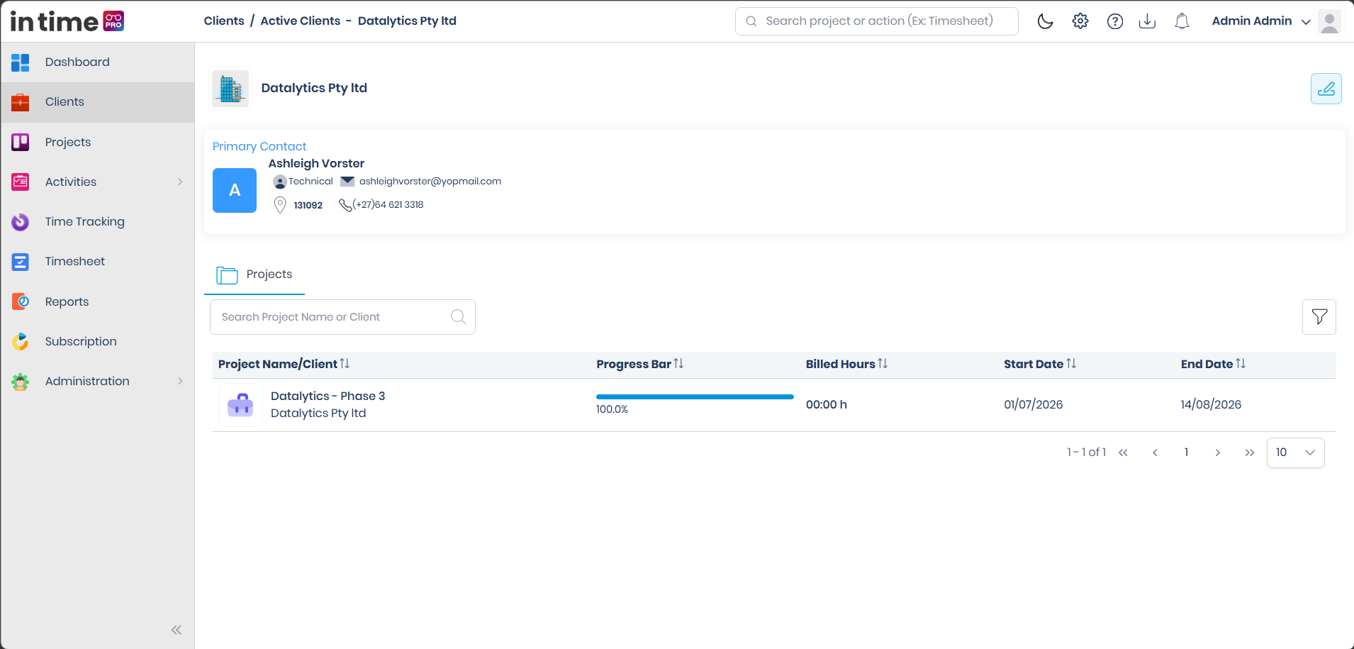 Client details page with the Projects tab open
