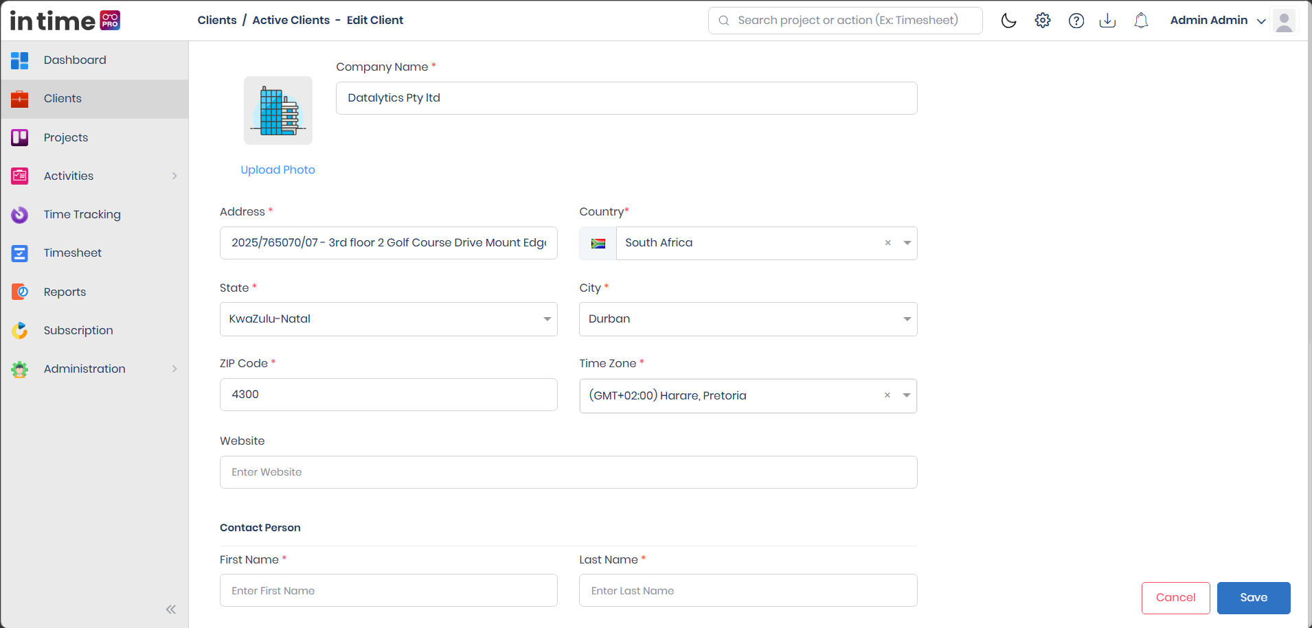 Edit Client form pre-filled with the client's existing details