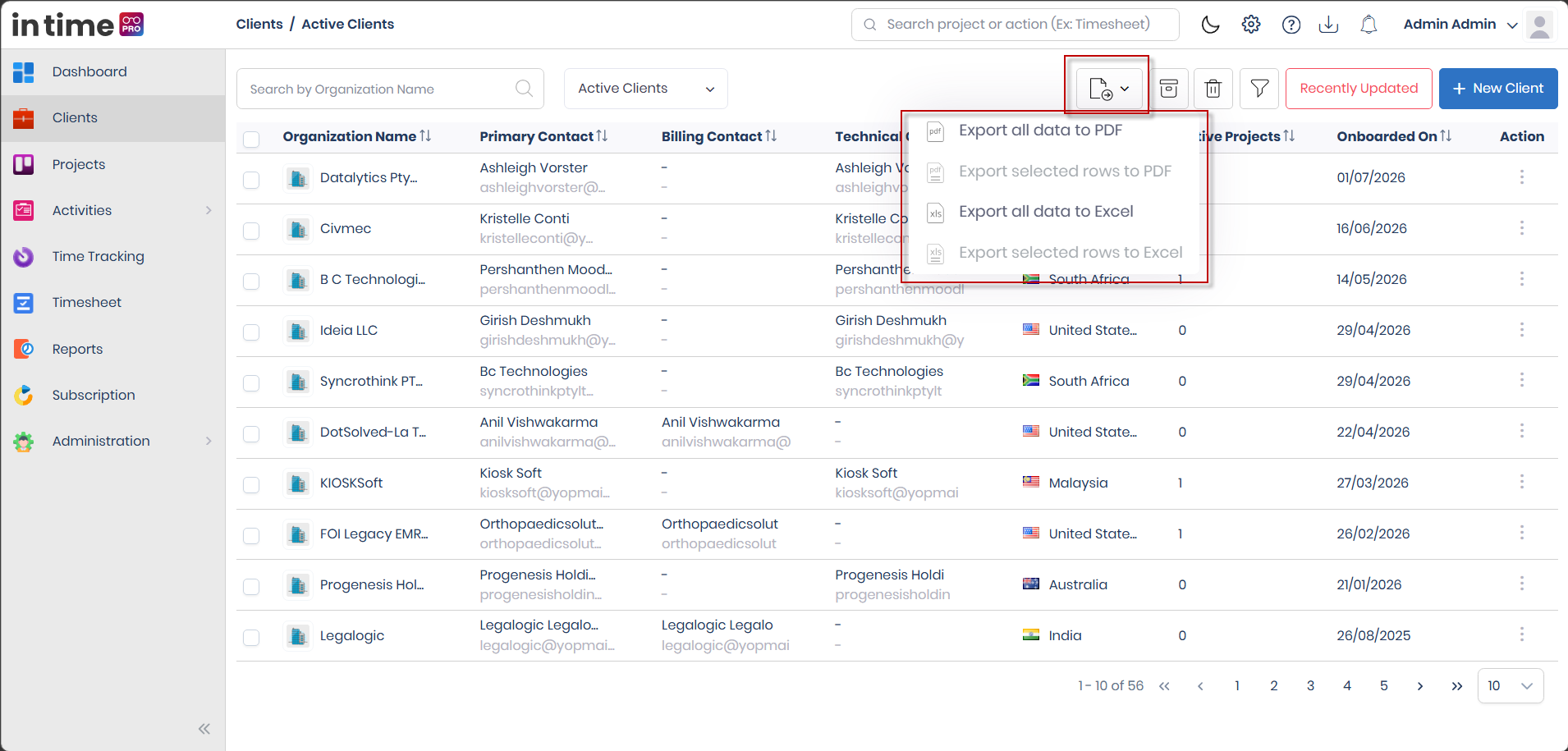 Export dropdown with PDF and Excel options for all data and selected clients