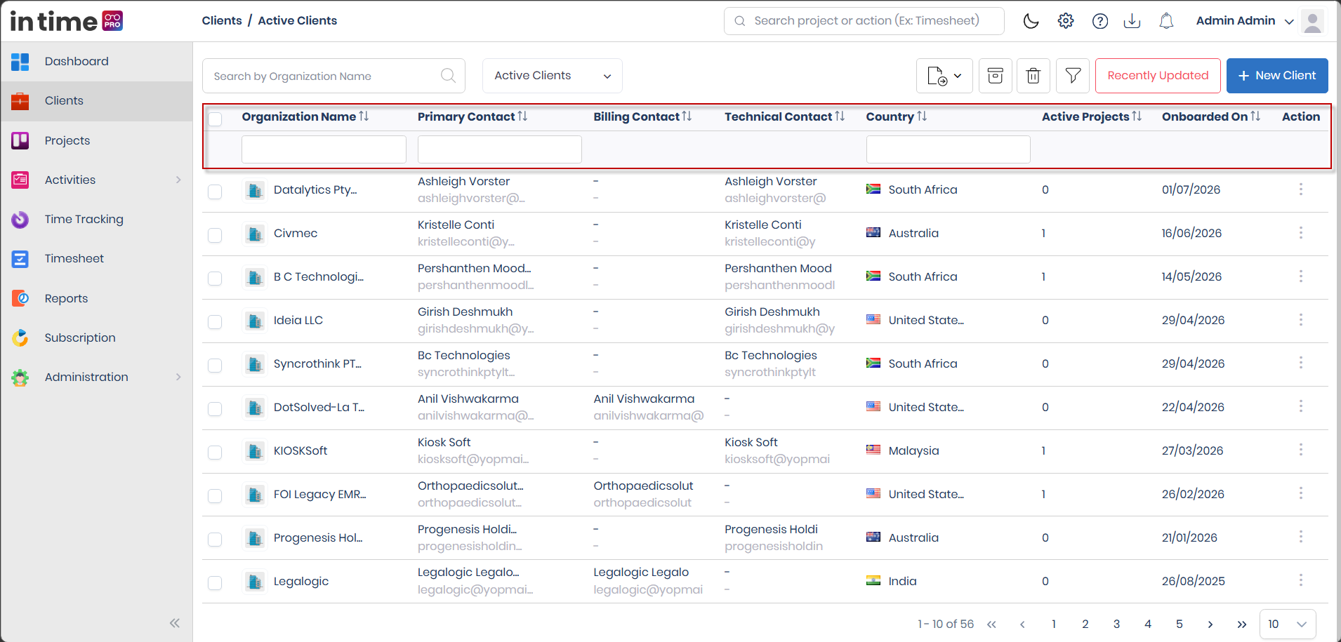 Column filter row open above the Clients list