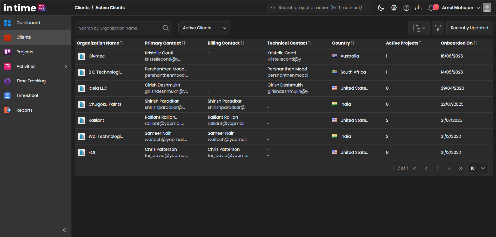 Clients list as seen by a Manager user