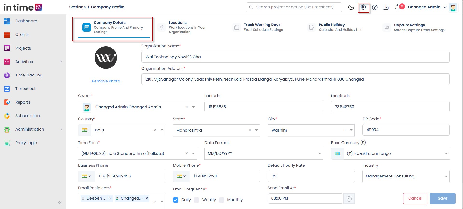 Company Details tab with the company photo upload, address/contact fields, and the report email schedule fields