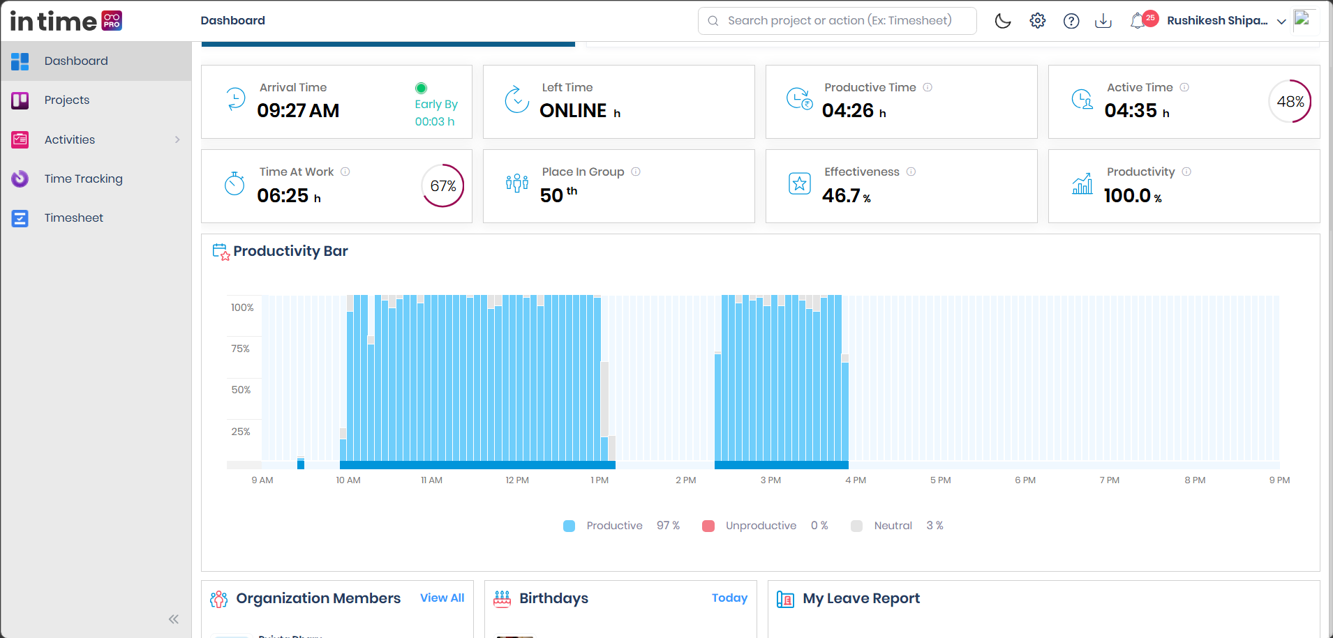 Productivity Bar showing productive, unproductive, and neutral activity across the day