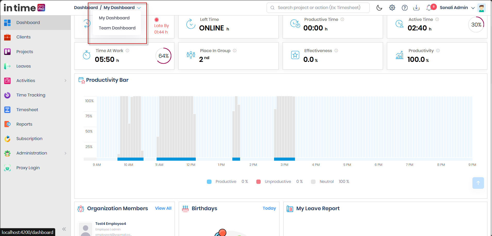 Header breadcrumb dropdown open, showing My Dashboard and Team Dashboard options
