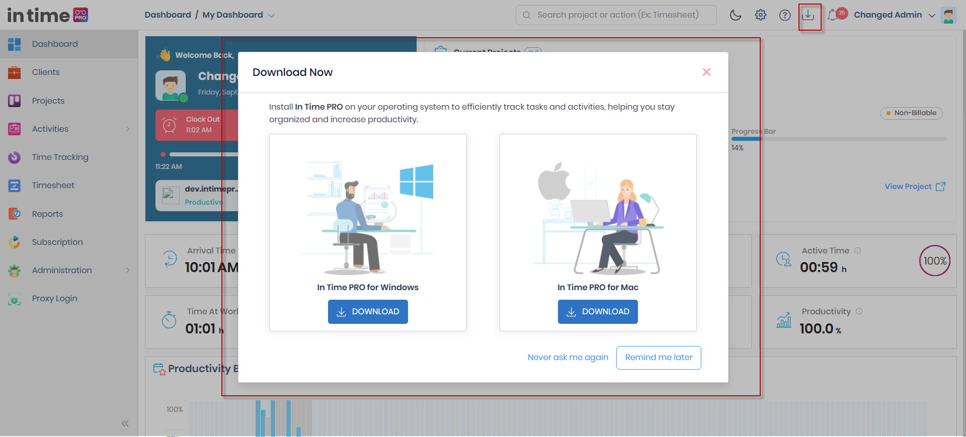 Header Download icon and the Download Now window with the Windows and Mac download cards