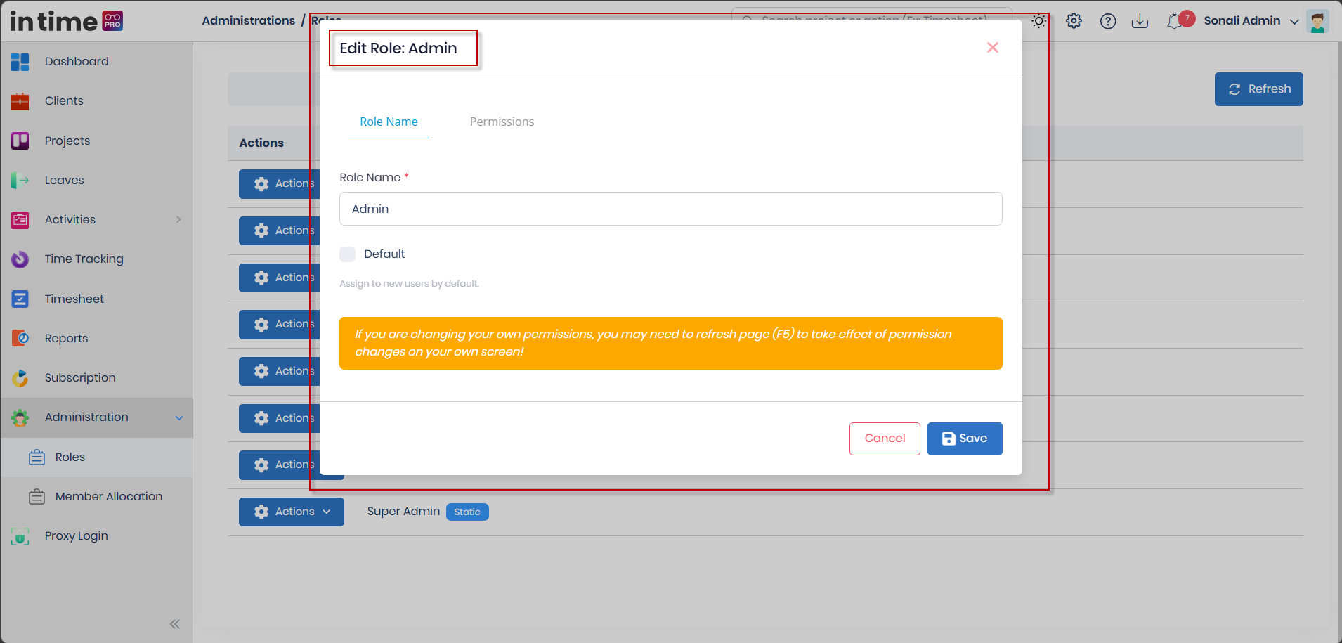 Edit Role dialog for the Admin role, showing the Role Name tab with the Role Name field and Default checkbox