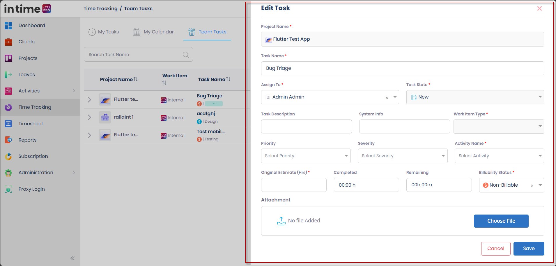 Edit Task panel with project locked, task name, assign to, locked task state, planning, effort, attachments, and Save / Cancel