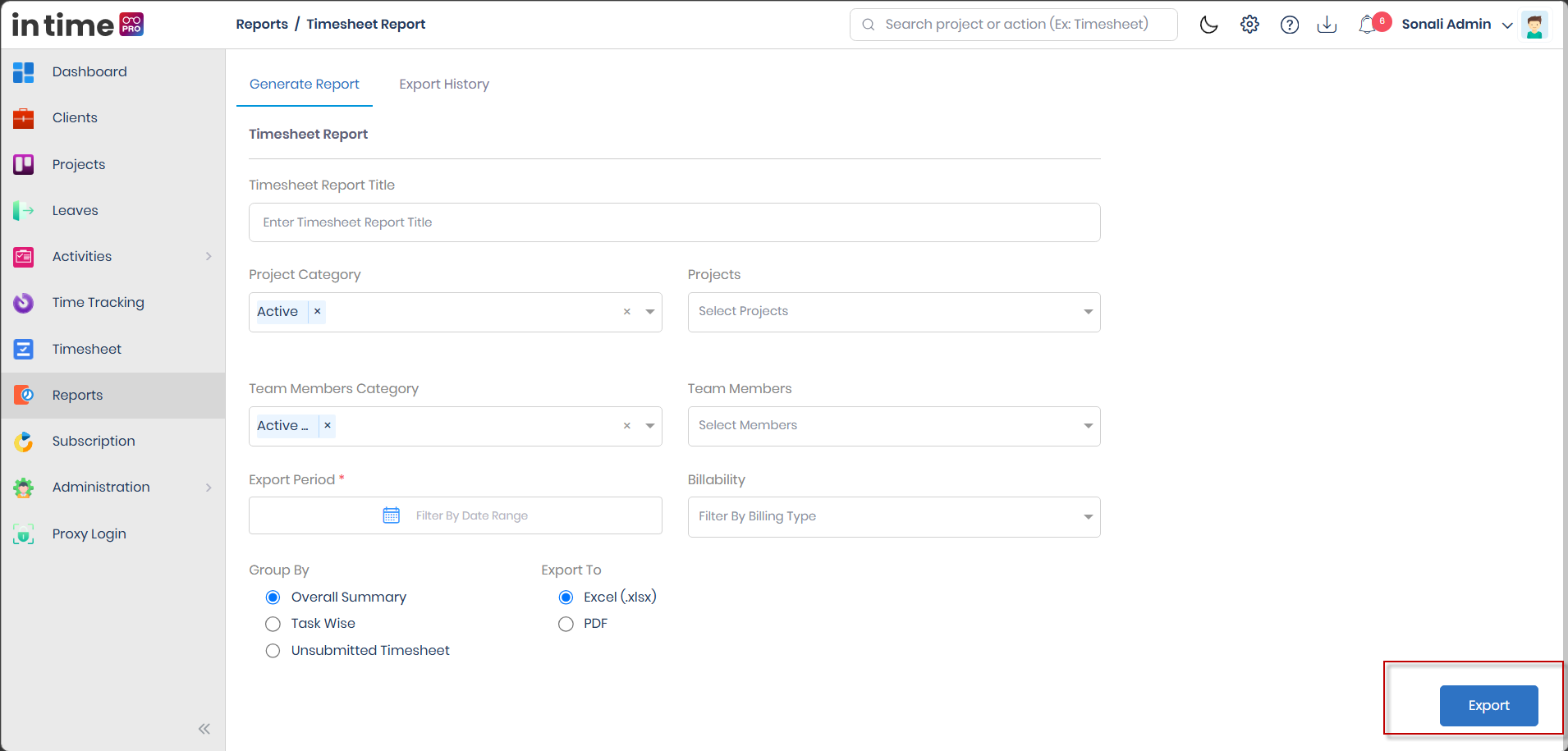 Export button on the Timesheet Report Generate Report form
