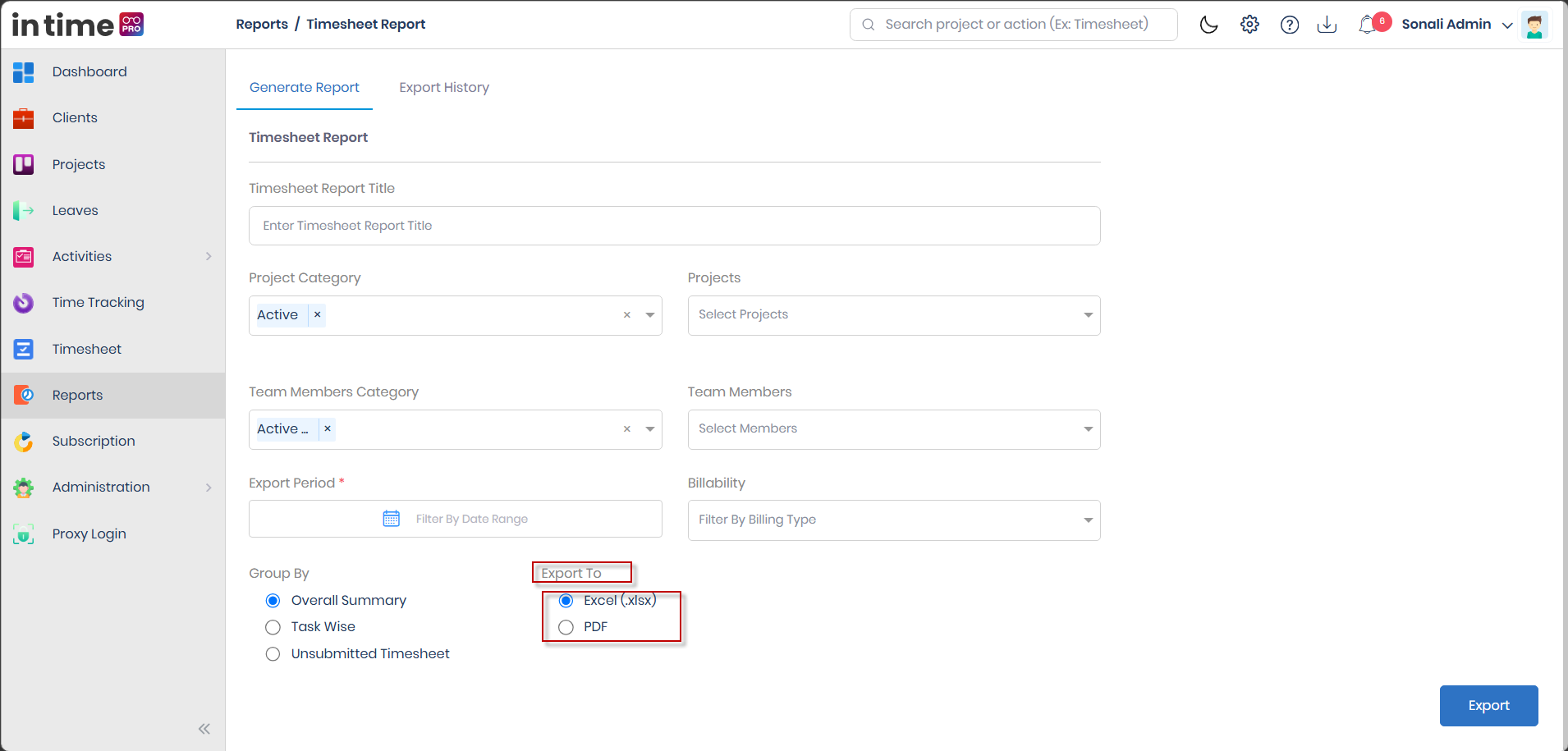 Export To options for Timesheet Report: Excel (.xlsx) and PDF