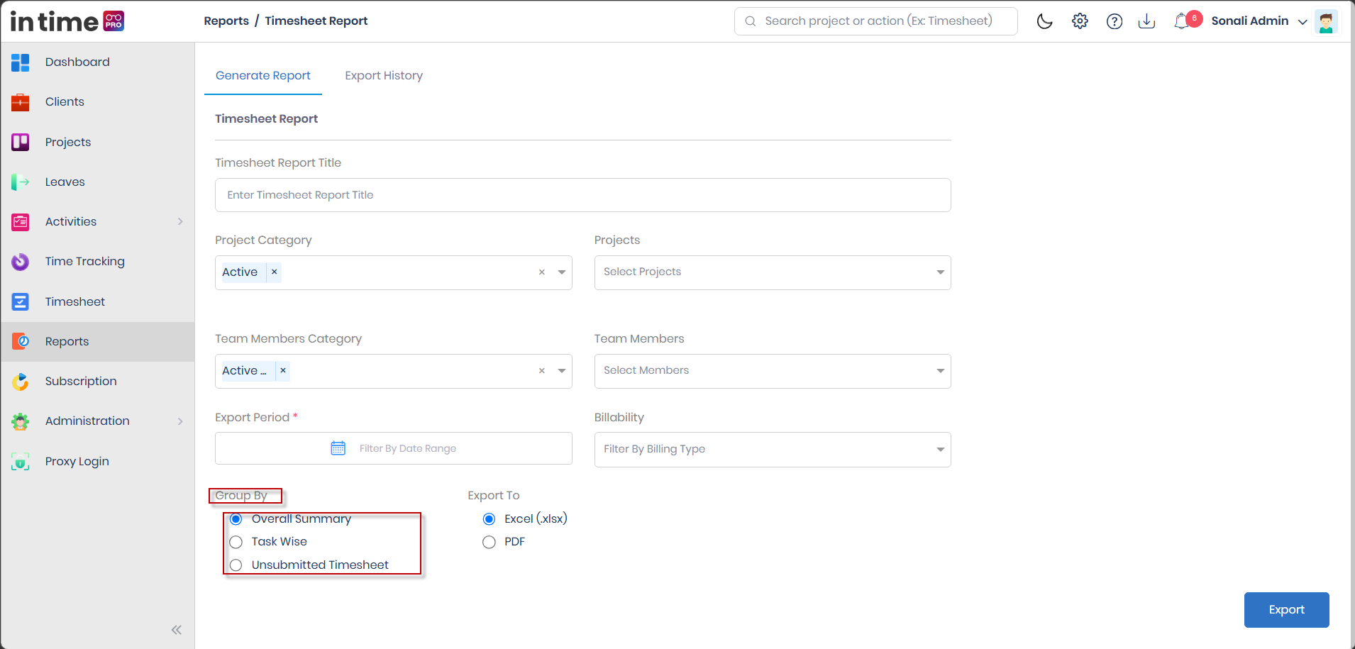 Group By options for Timesheet Report: Overall Summary, Task Wise, and Unsubmitted Timesheet
