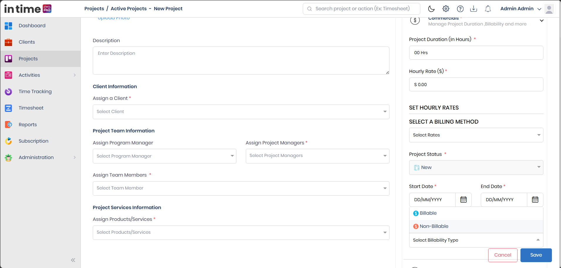 Hourly Project form showing the Commercials section