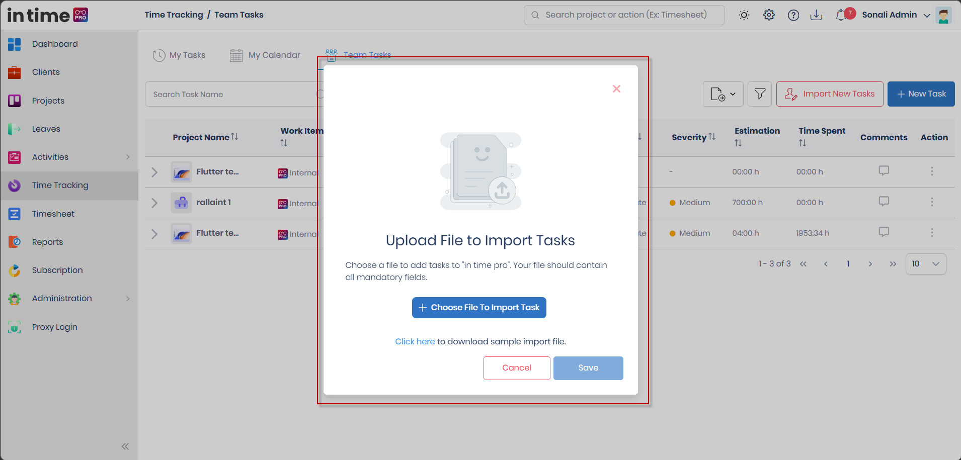 Upload File to Import Tasks popup with Choose File To Import Task and a link to download the sample import file