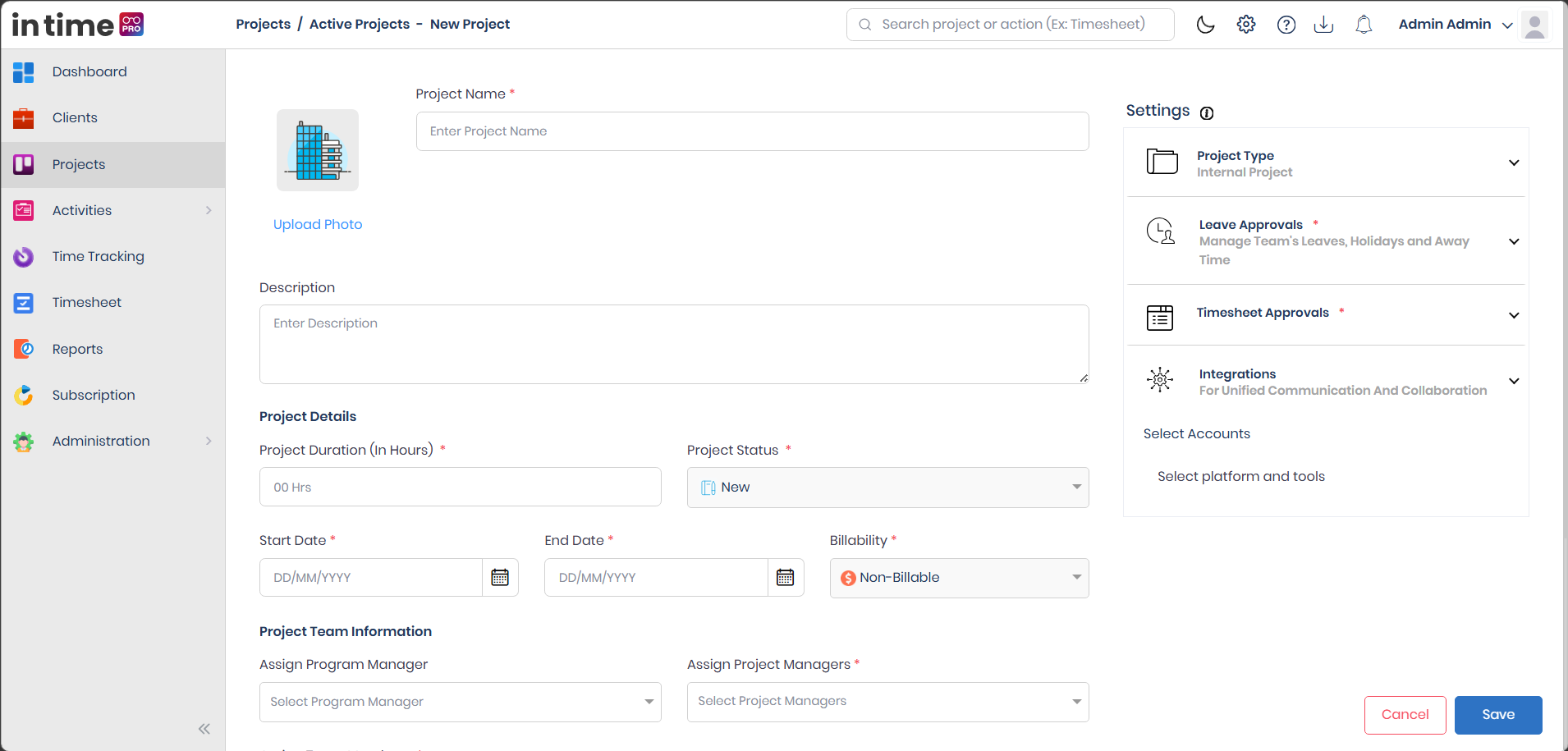 Internal Project creation form
