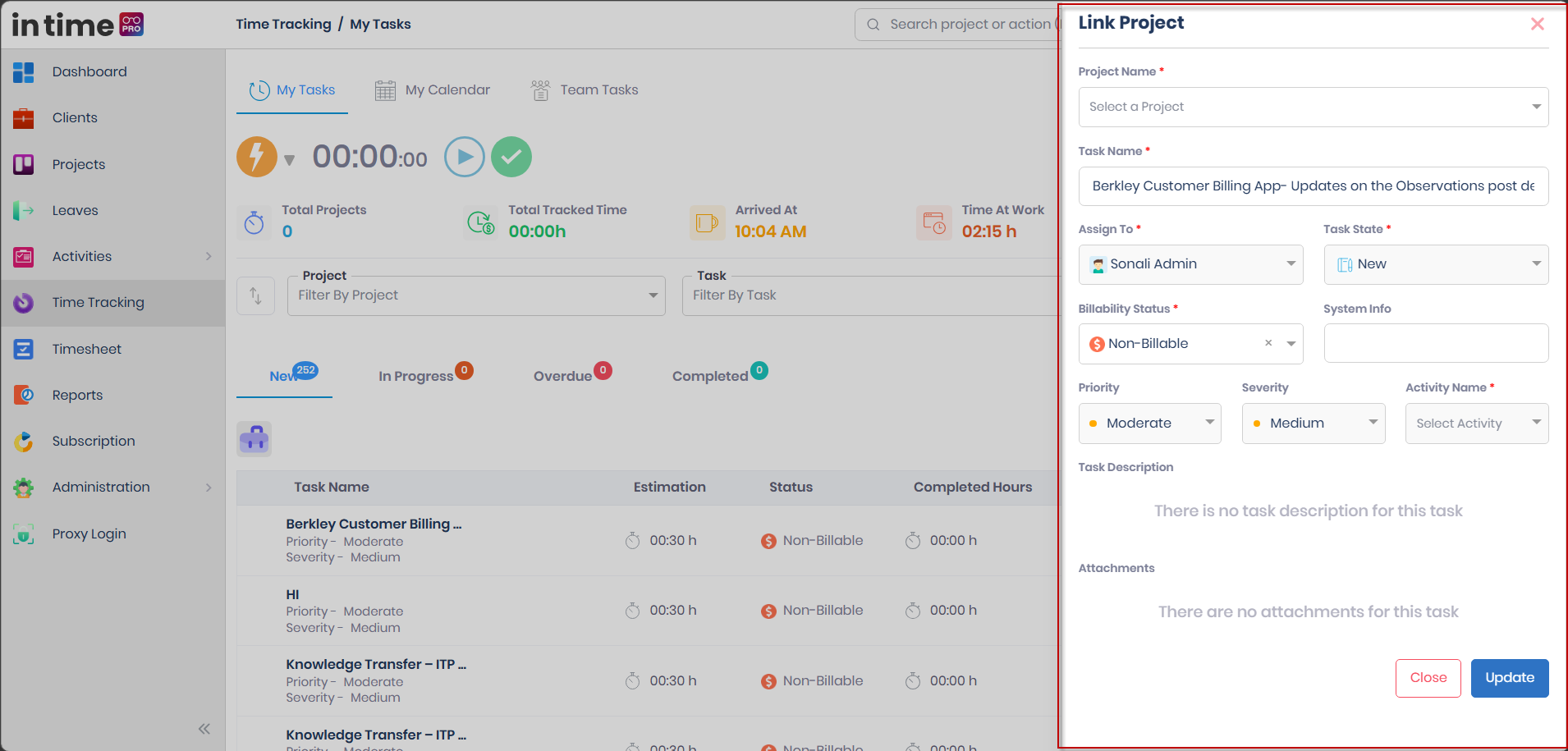 Link Project panel with Project Name and Billability Status required, and Update visible