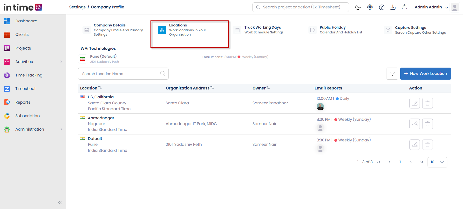 Locations tab with the organization summary, search/filter controls, and the location table with its columns