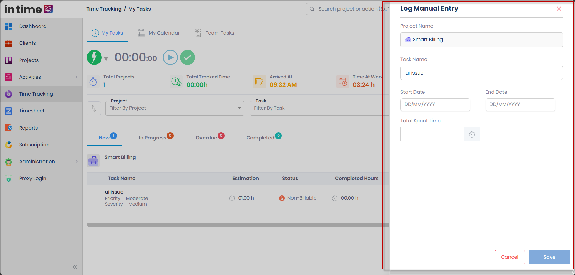 Log Manual Entry panel with Project Name, Task Name, Start Date, End Date, and Total Spent Time