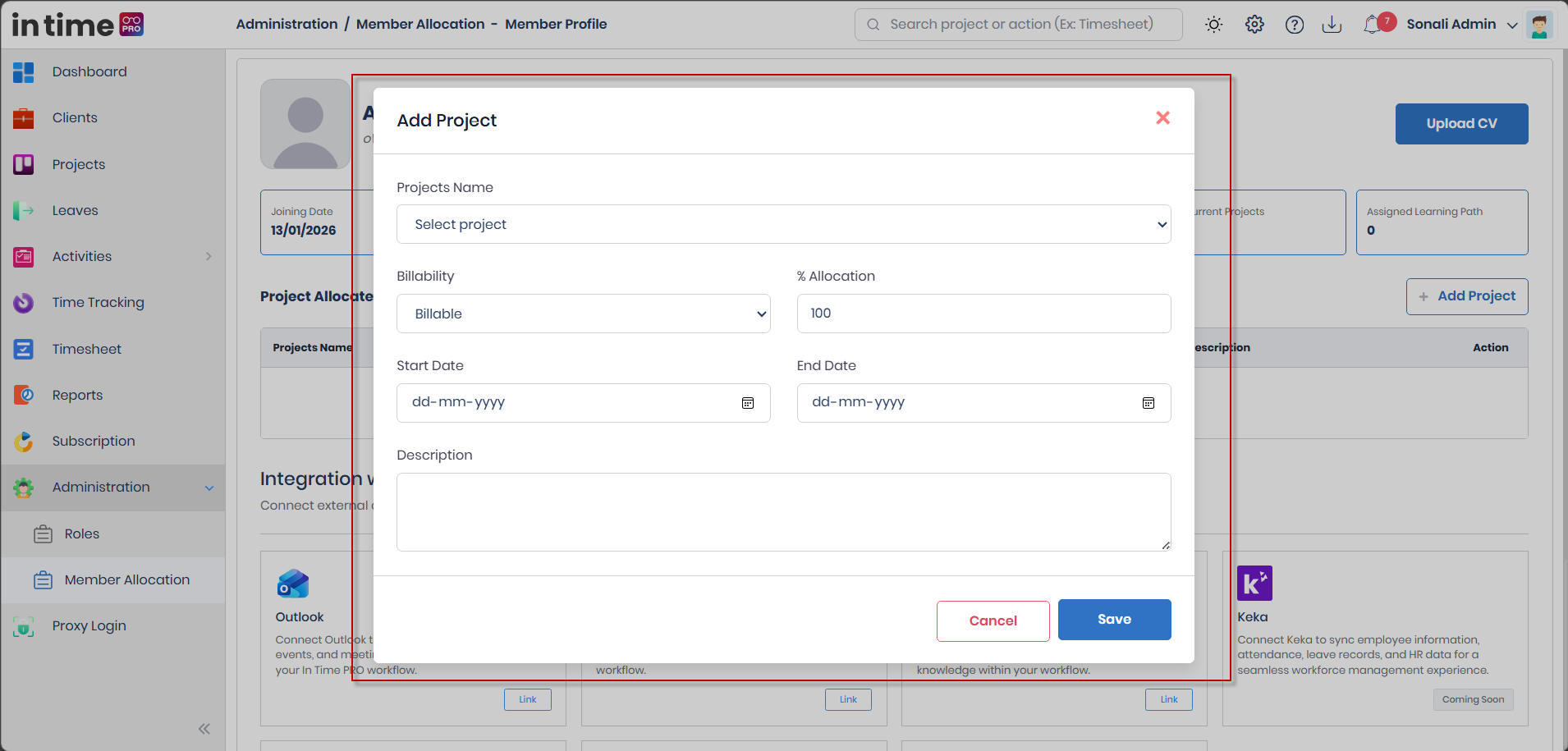 Add Project dialog showing Projects Name, Billability, % Allocation, Start Date, End Date, and Description fields