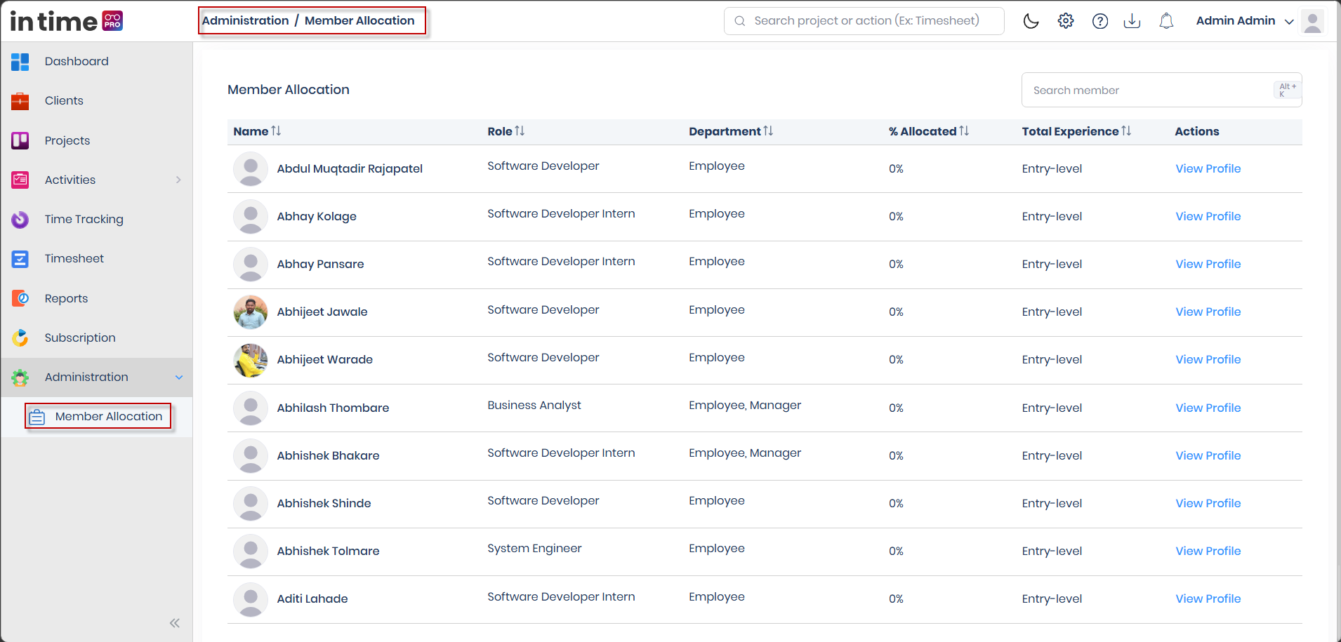 Member Allocation list showing Name, Role, Department, % Allocated, Total Experience, and a View Profile action for each member