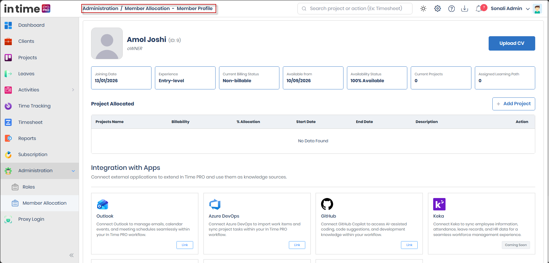 Member Profile page showing the header with Upload CV, the metric cards, the Project Allocated table, and the start of the Integration with Apps section