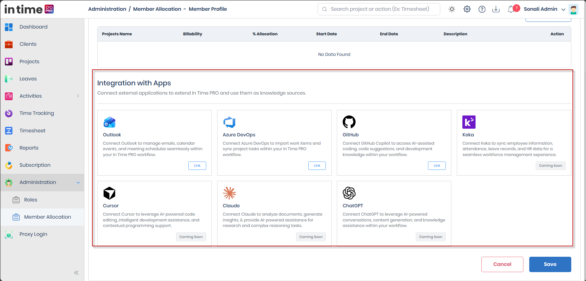 Integration with Apps section on a Member Profile, showing Outlook, Azure DevOps, and GitHub with a Link action, and Keka, Cursor, Claude, and ChatGPT showing Coming Soon