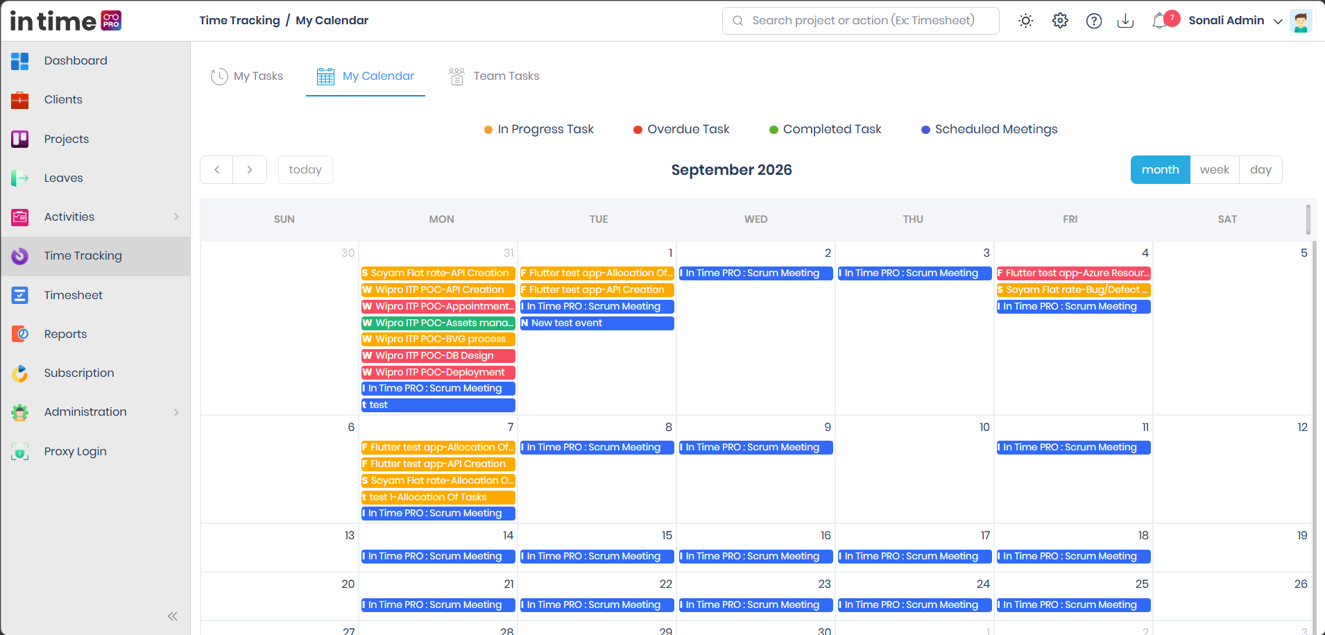 My Calendar Month view showing the colour legend and a grid of task and meeting blocks