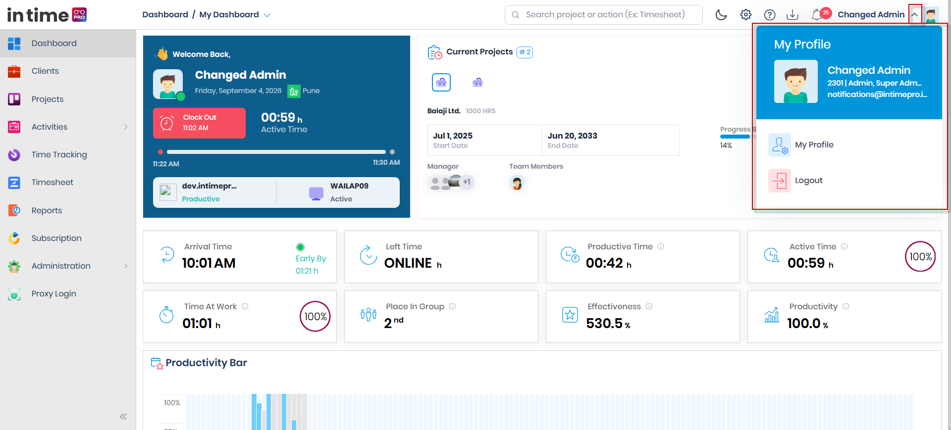 Header with the user photo and name, and the opened User Profile menu showing full name, employee ID, role(s), email address, and the My Profile / Logout options