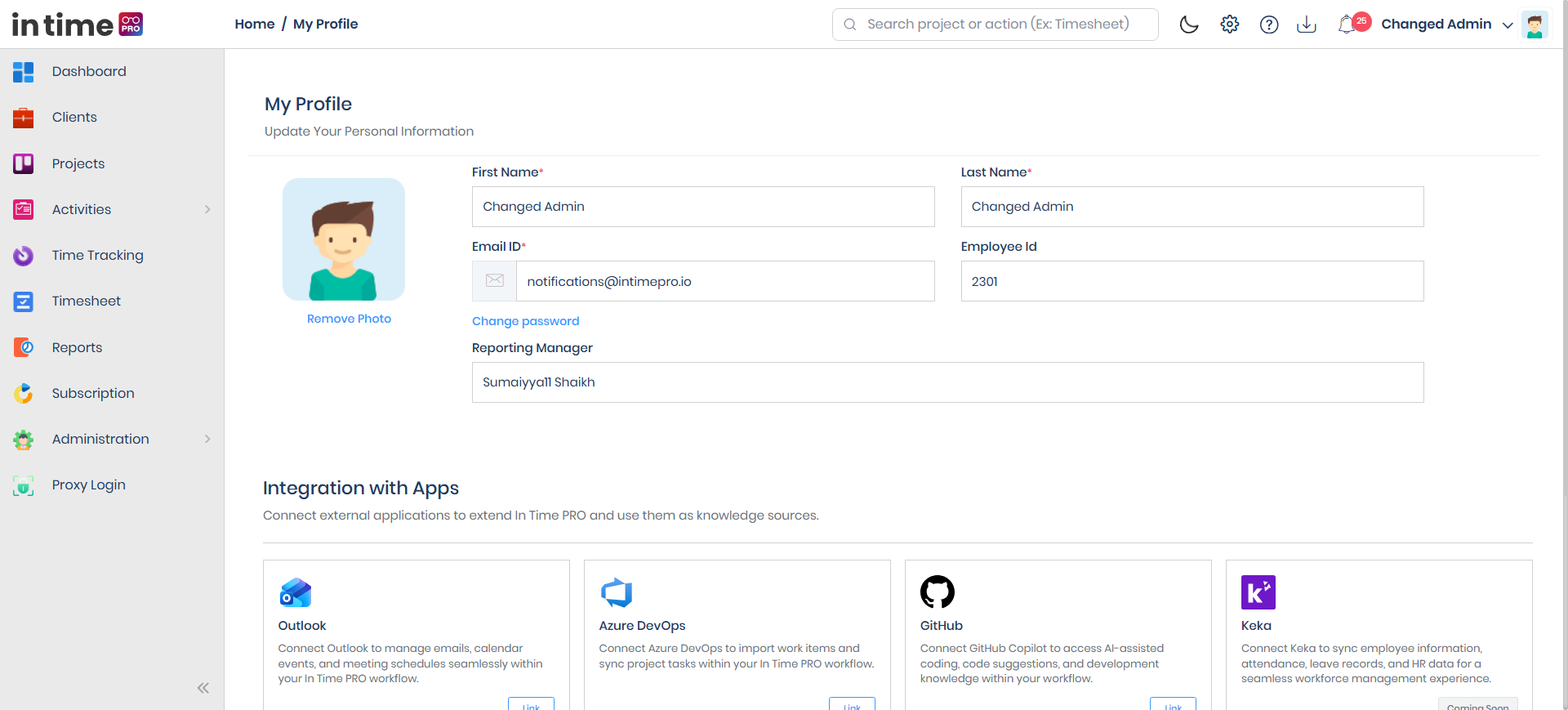My Profile page with the photo panel and the First Name, Last Name, Email ID, Employee Id, and Reporting Manager fields