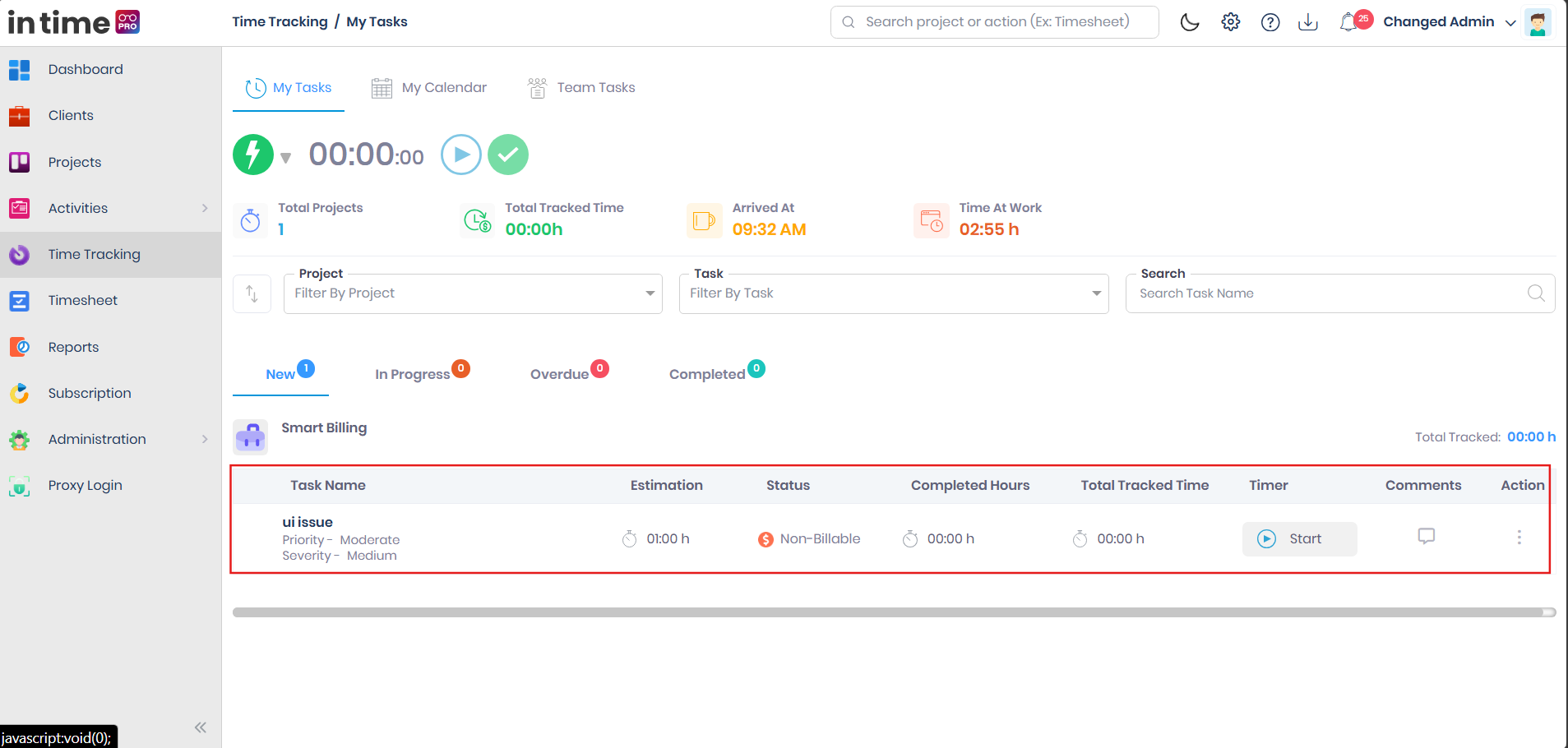 A task row on My Tasks showing Task Name, Estimation, Billability Status, Completed Hours, Total Tracked Time, the Start timer control, Comments, and the Action menu