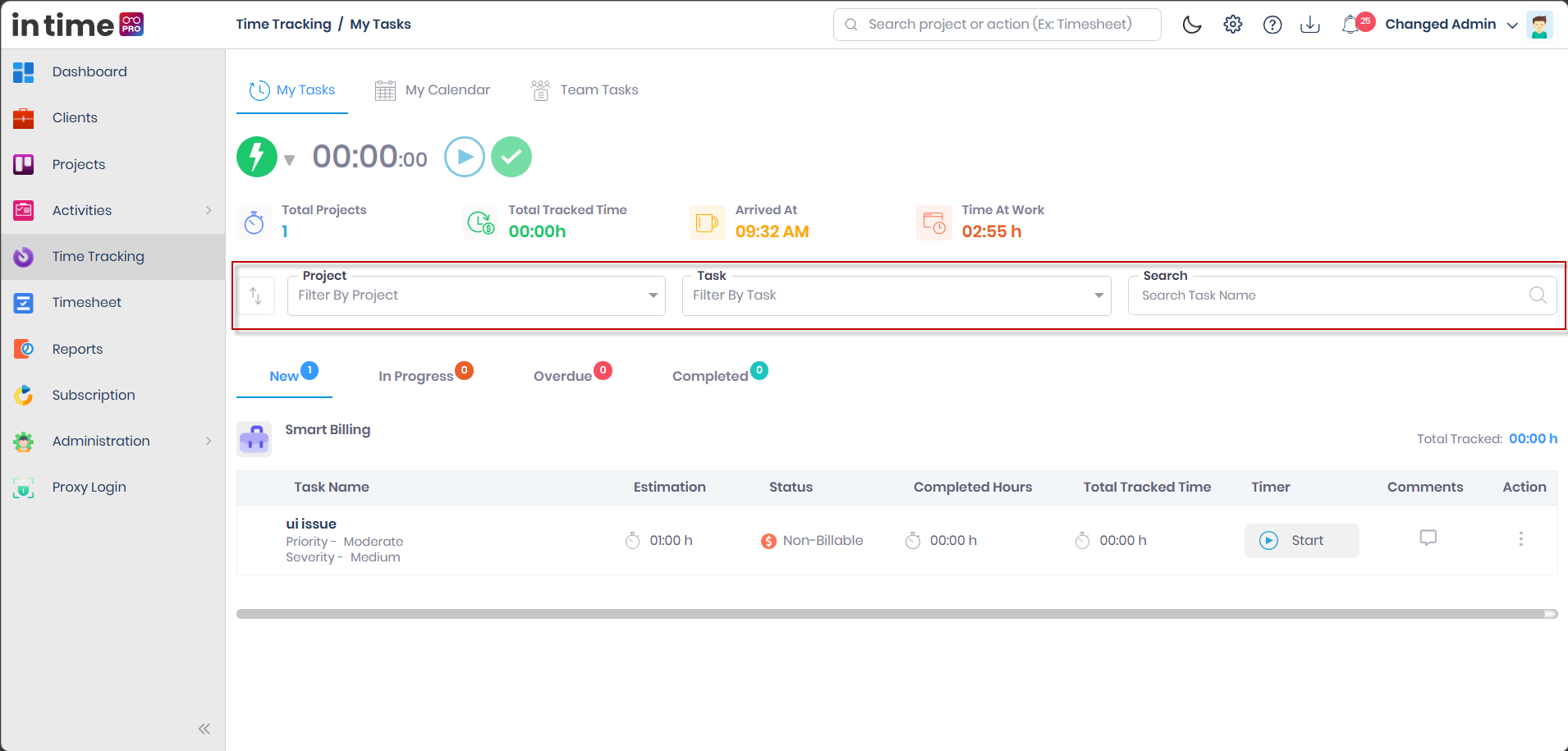 Sort, Project filter, Task filter, and Search controls above the task list on My Tasks