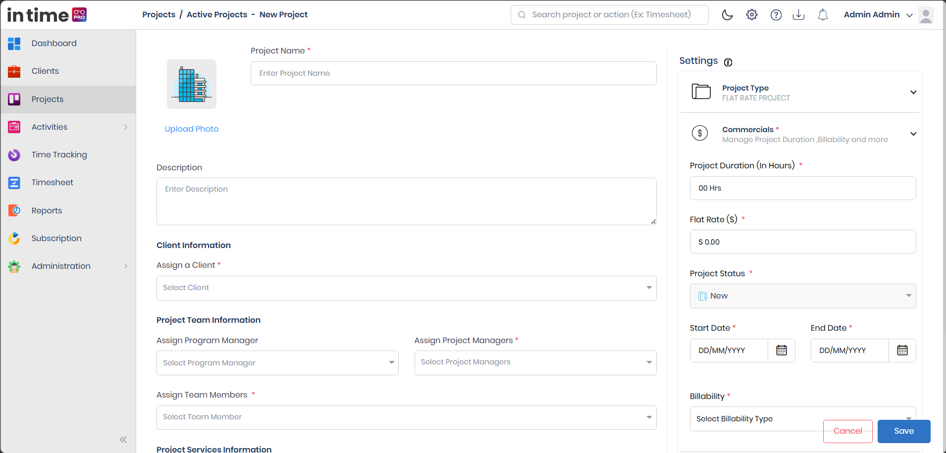 New Project form showing the Project Name, Upload Photo, and Description fields