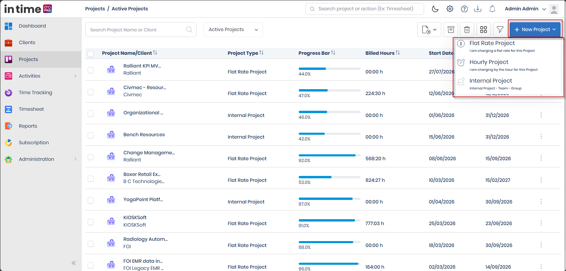 New Project screen showing the Flat Rate, Hourly, and Internal project type options
