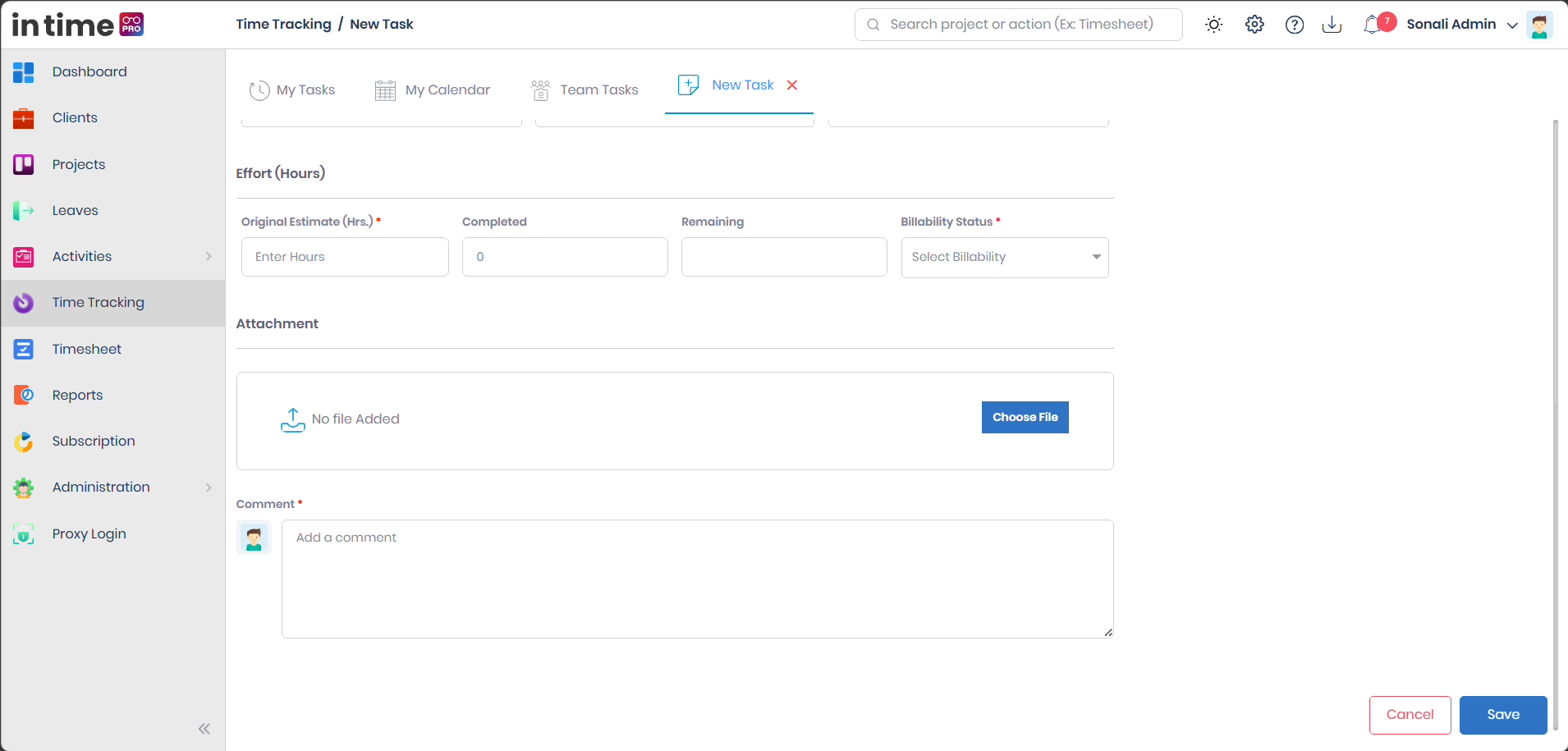 New Task form showing the Effort (Hours), Attachment, and Comment sections