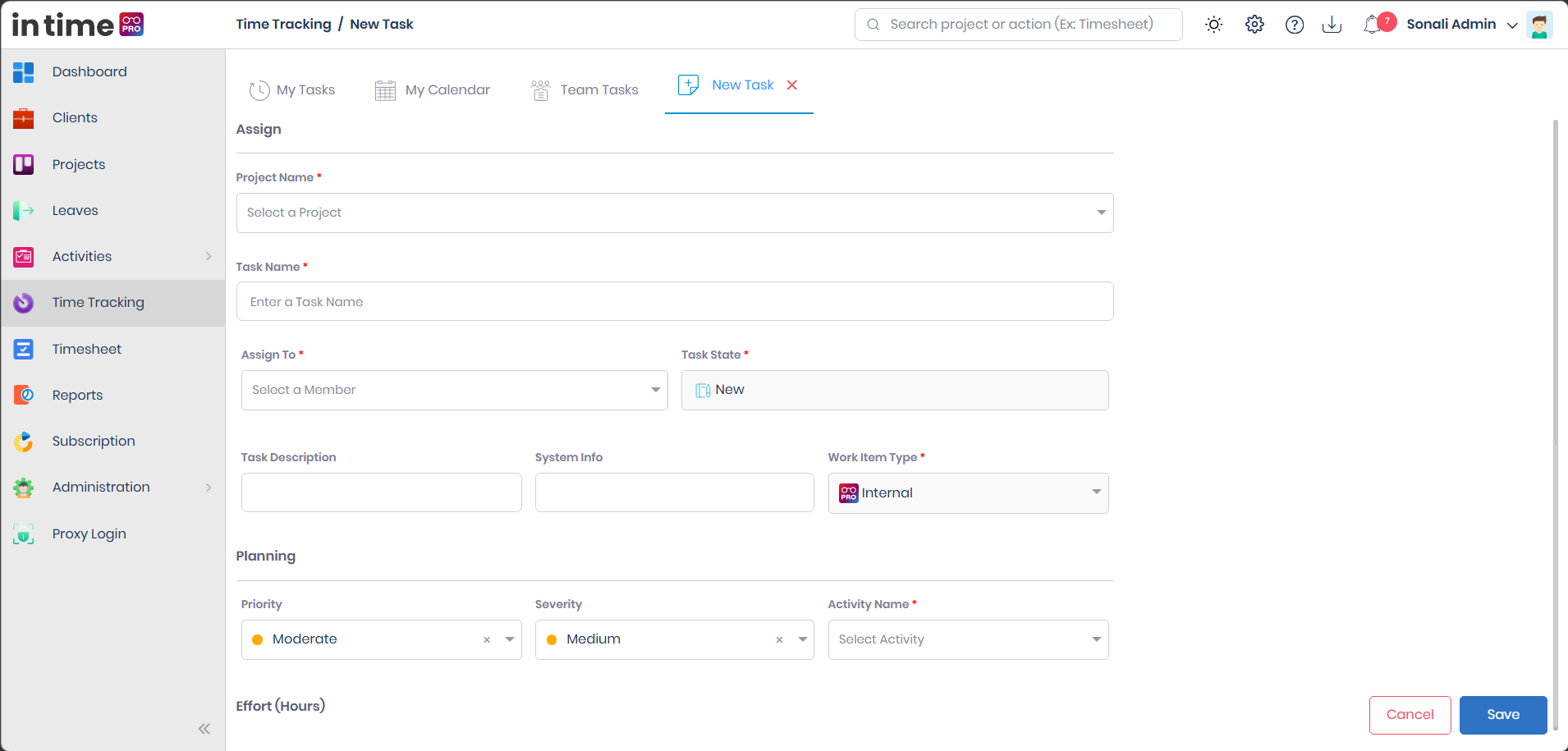 New Task form showing the Assign section — Project Name, Task Name, Assign To, Task State, Task Description, System Info, and Work Item Type