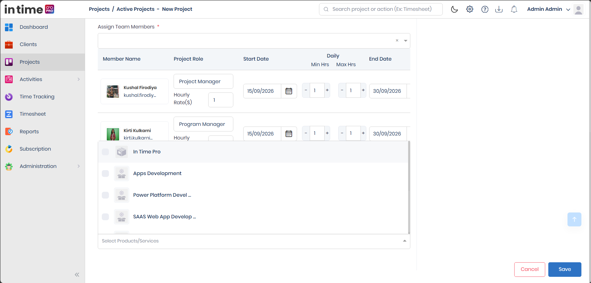 Project Services Information section for selecting products/services