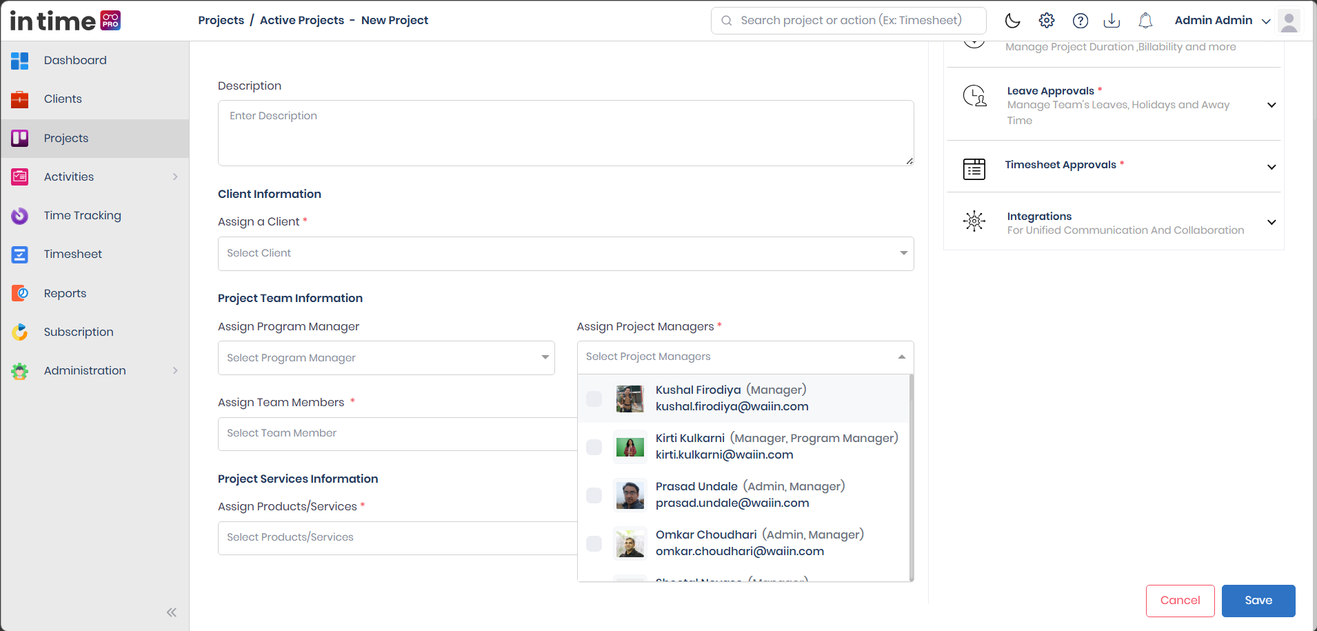 Project Team Information section showing Program Manager and Project Manager assignment