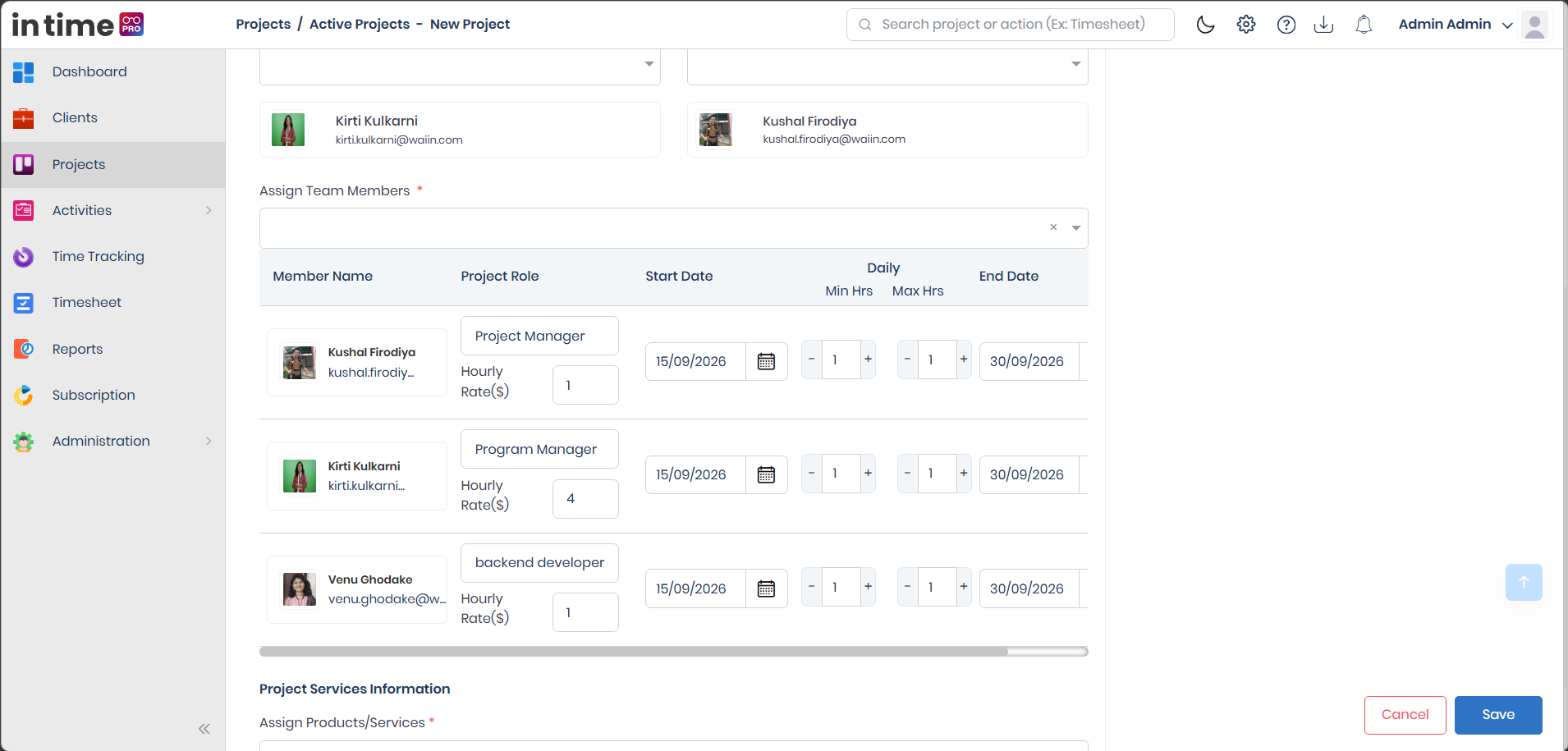 Team member row showing Project Role, dates, daily hours, and hourly rate