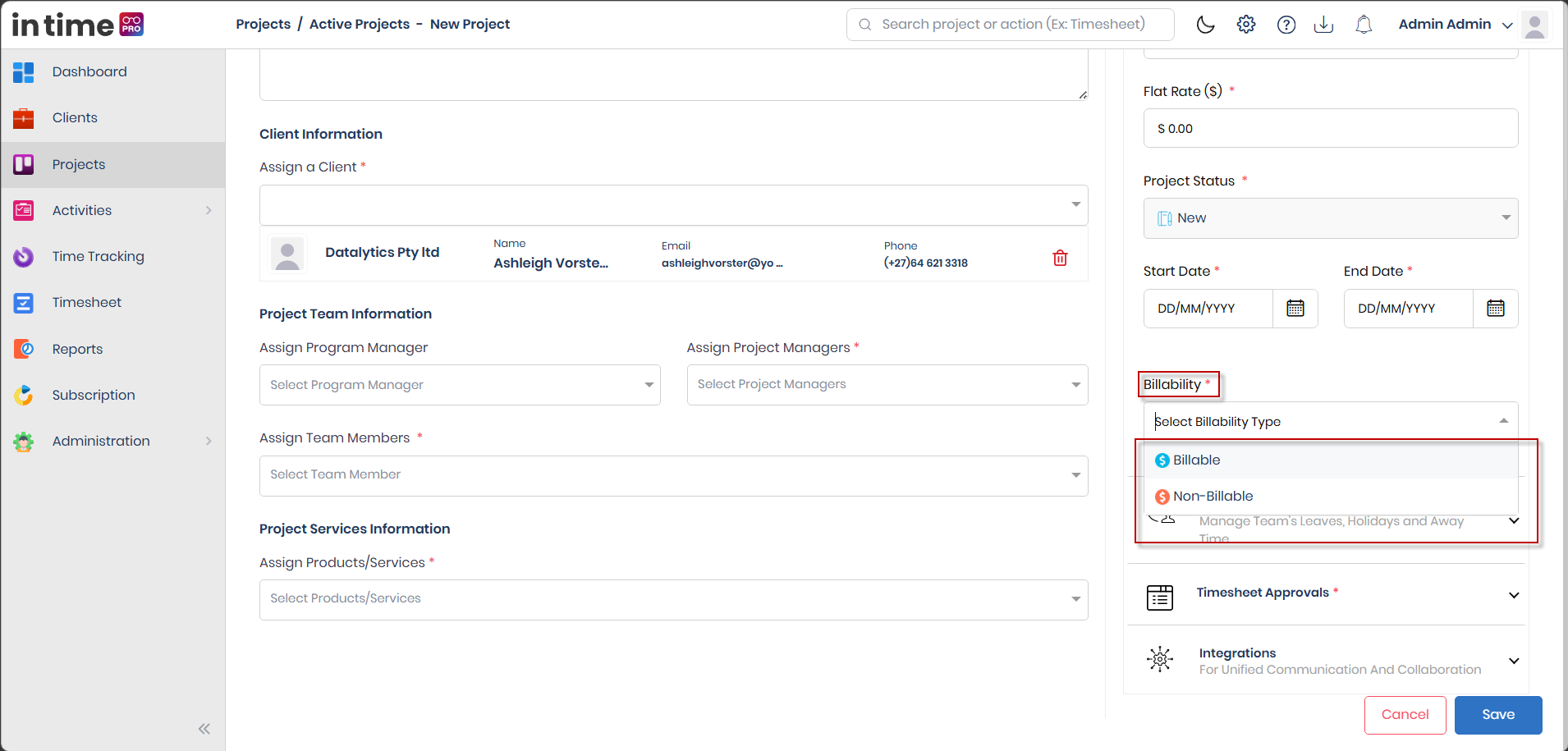 Billability section showing the Billable/Non-Billable option