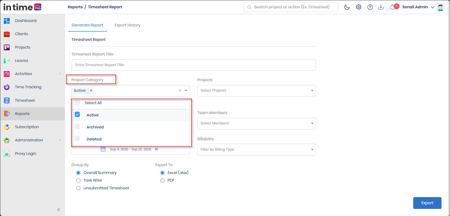 Project Category dropdown open, showing Active, Archived, and Deleted with a Select All option
